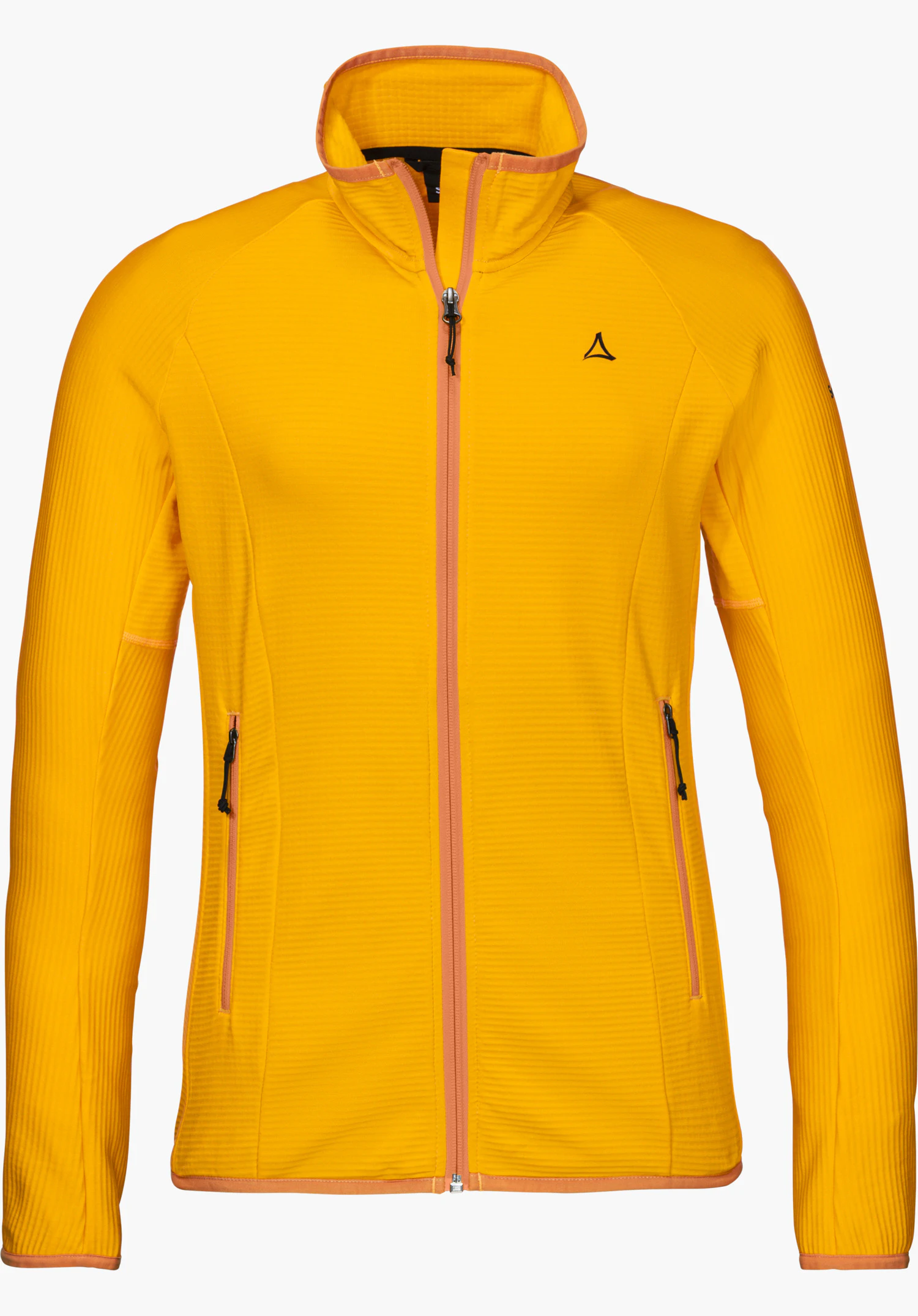 Fleece Jk Style Cascata WMS fleece jacket in yellow with a stand-up collar, front zipper, two side pockets and visible Schöffel logo, shown from the front and isolated on a white background.