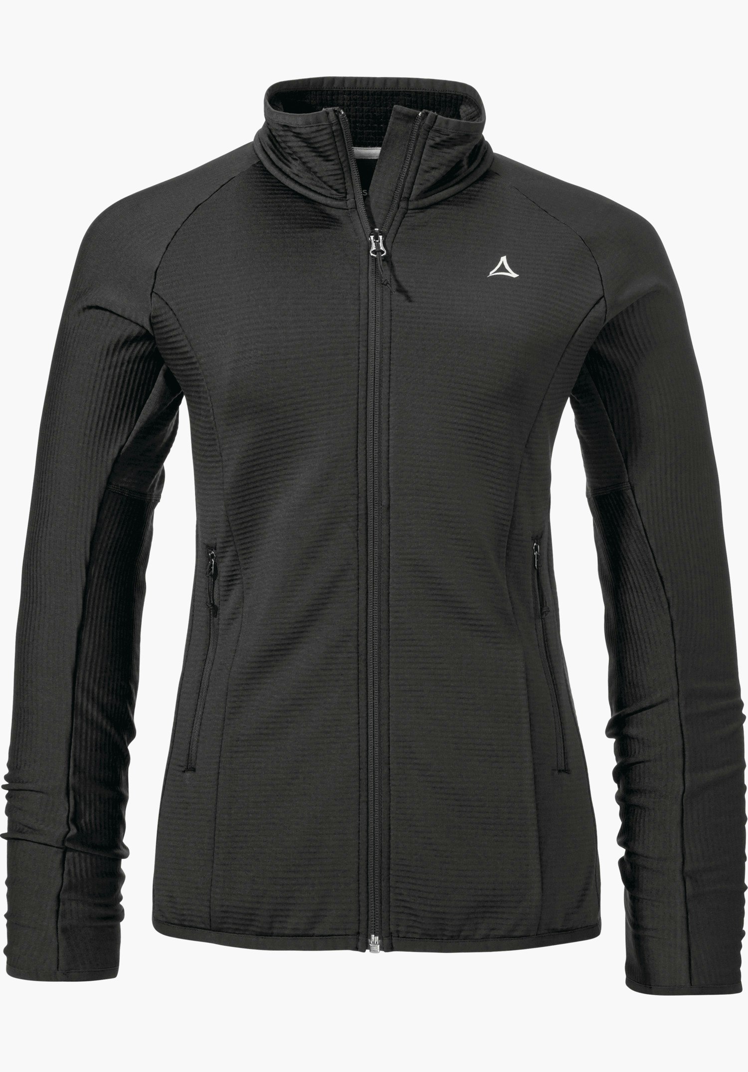 Fleece Jk Style Cascata WMS veste polaire noire, fermeture éclair intégrale fermée, logo Schöffel sur la poitrine gauche, manches pendantes sur les côtés, fine structure côtelée, détourée sur fond blanc.