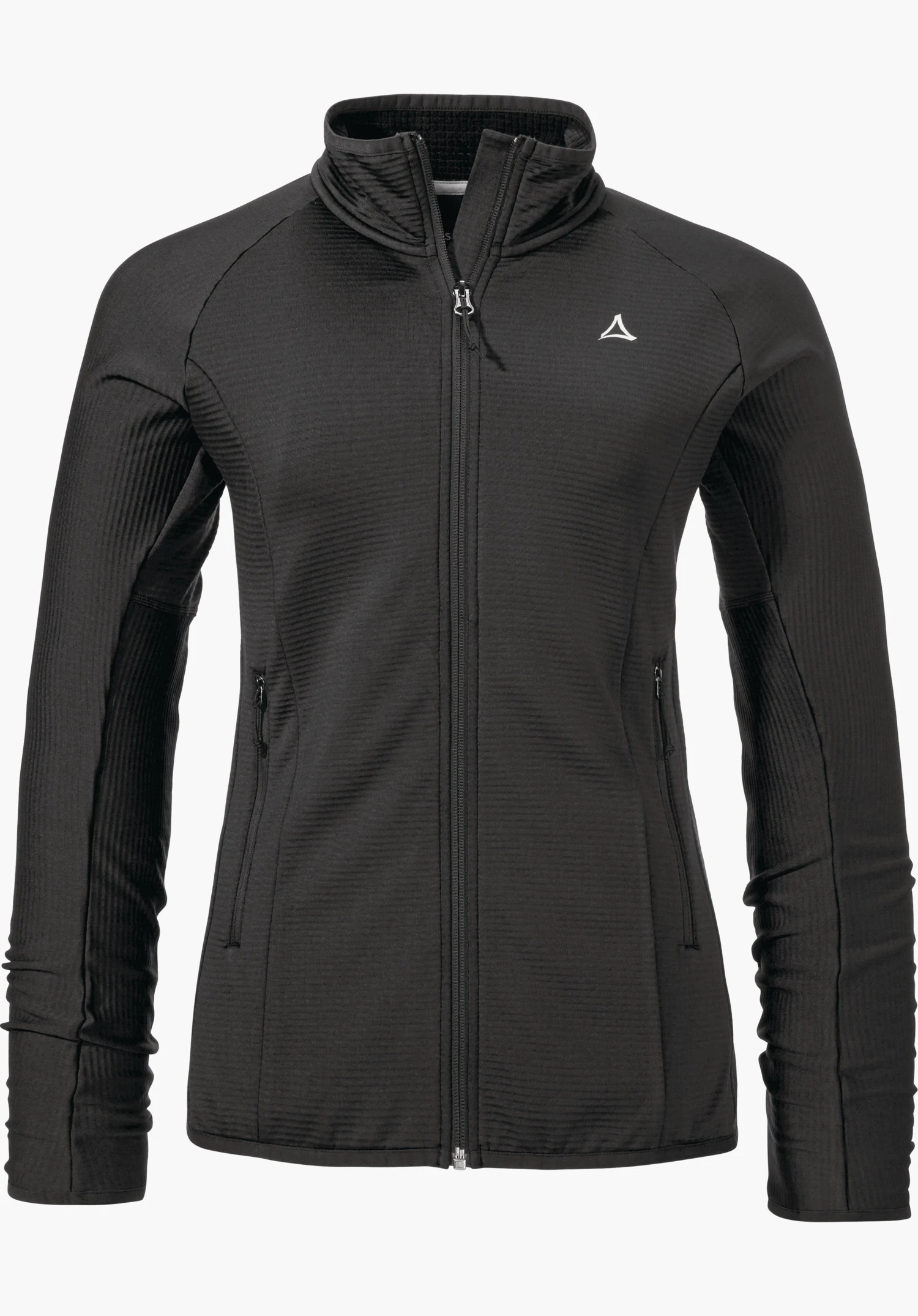 Fleece Jk Style Cascata WMS black fleece jacket with fully closed zip, Schöffel logo on left chest, sleeves hanging naturally, fine rib structure; isolated on a white background.