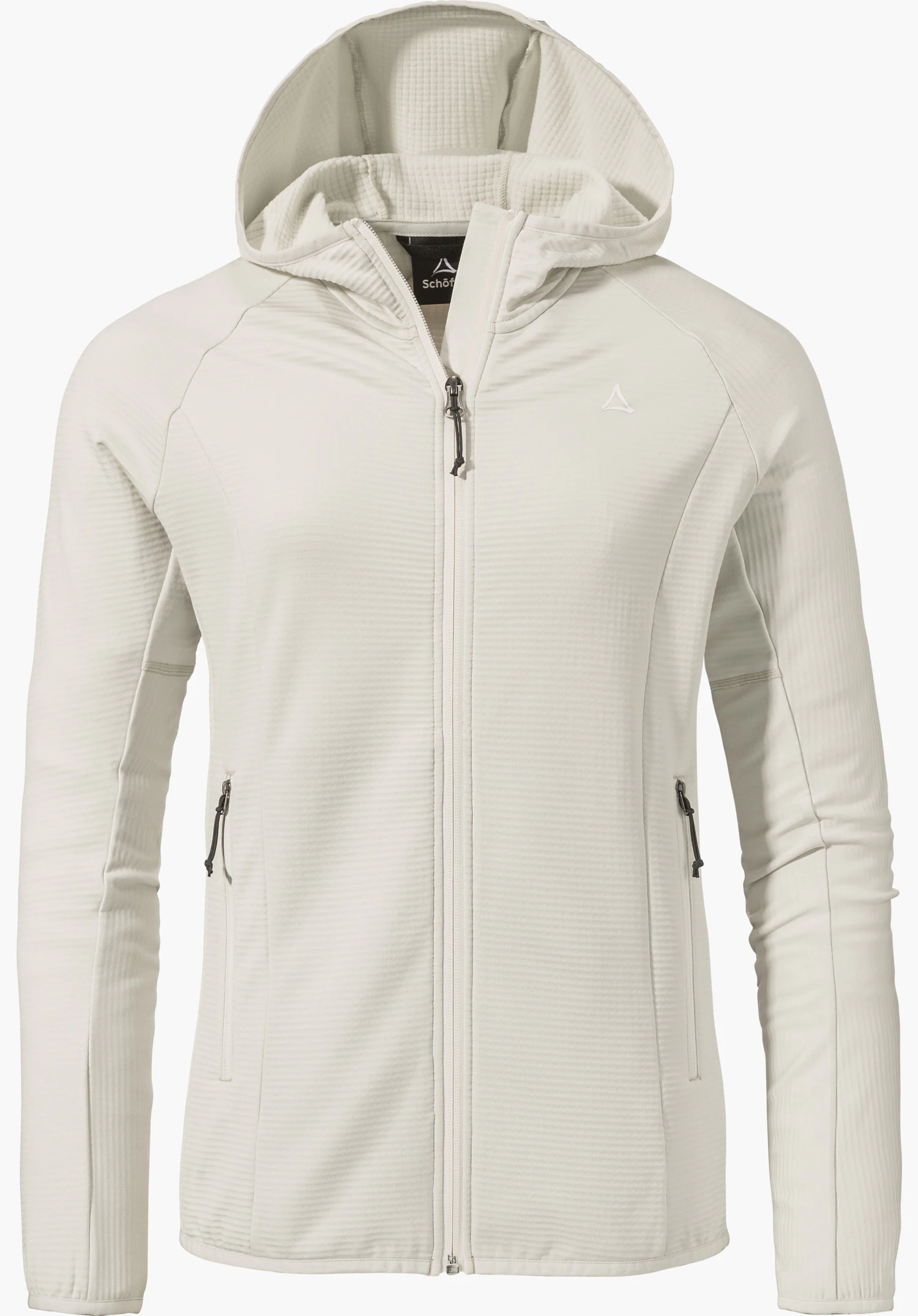Fleece Hoody Style Cascata WMS in de kleur natur met een capuchon, doorlopende ritssluiting aan de voorkant, twee zijzakken met rits en een Schöffel-logo op de linkerborst, vrijstaand op een witte achtergrond.