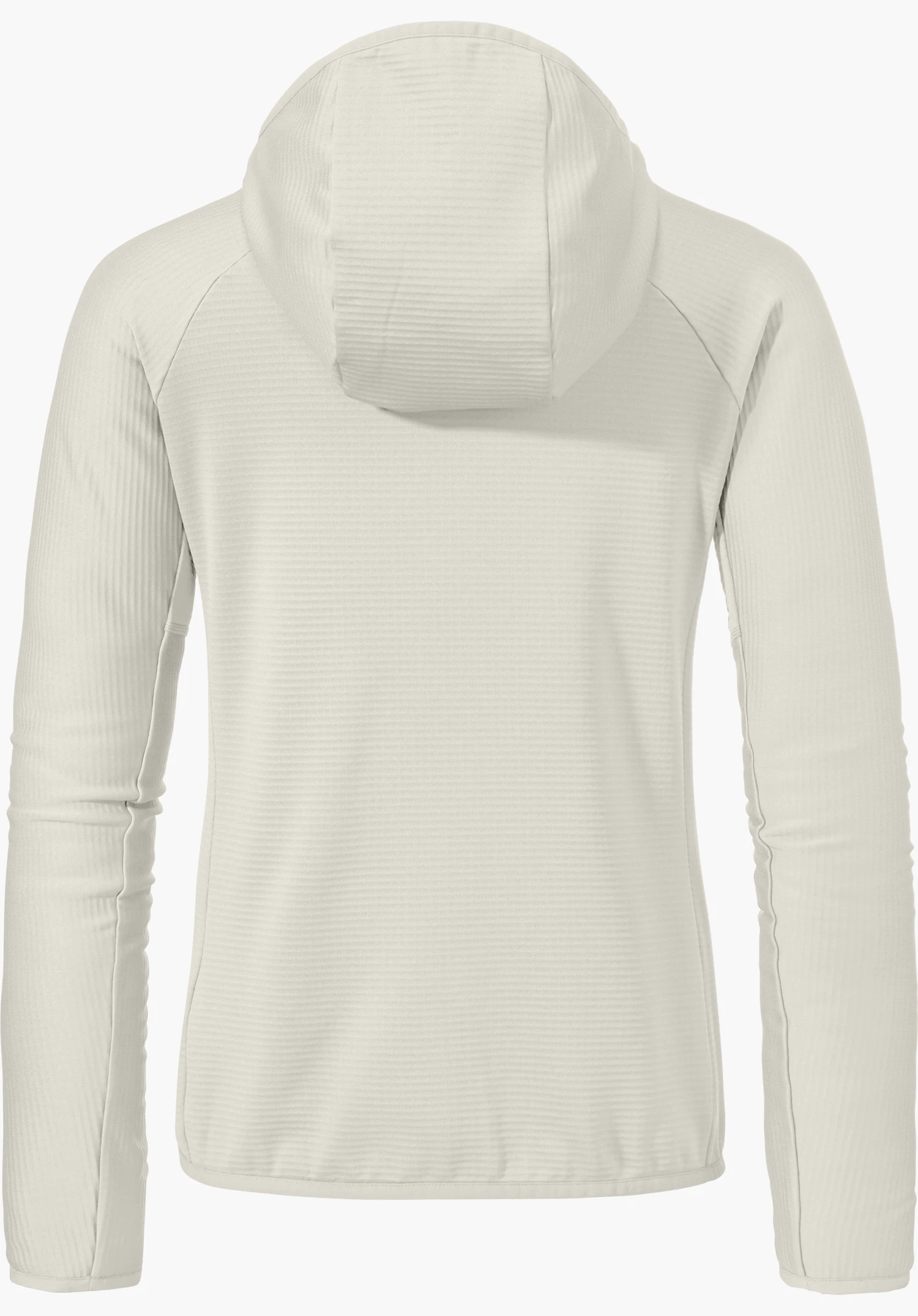 Fleece Hoody Style Cascata WMS in de kleur natuur, van achteren getoond met capuchon en een fijne materiaalstructuur, vrijstaand op een witte achtergrond.