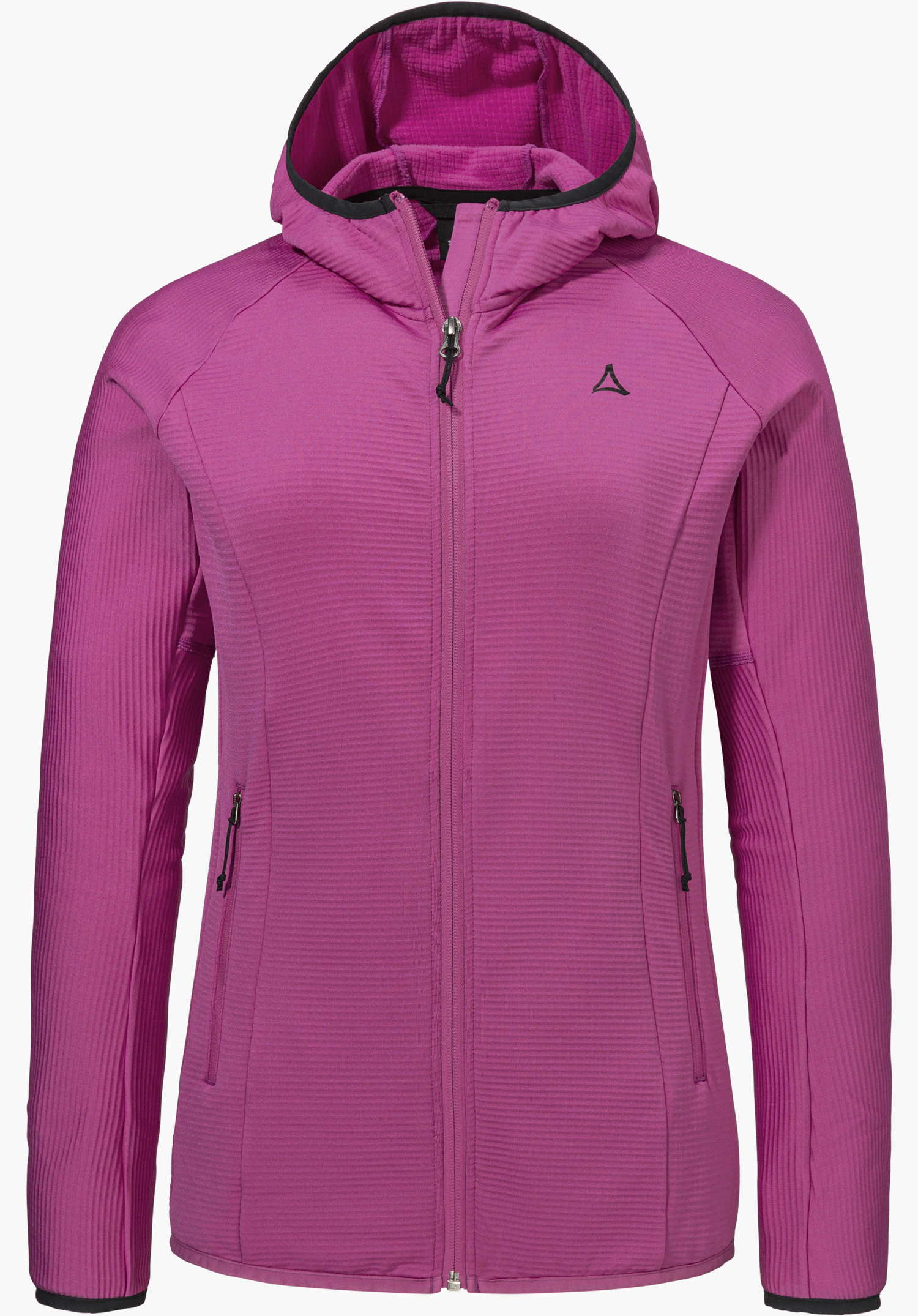 Fleece Hoody Style Cascata WMS in the colour pink featuring a hood, full front zip, and a visible Schöffel logo on the left chest, isolated on a white background.
