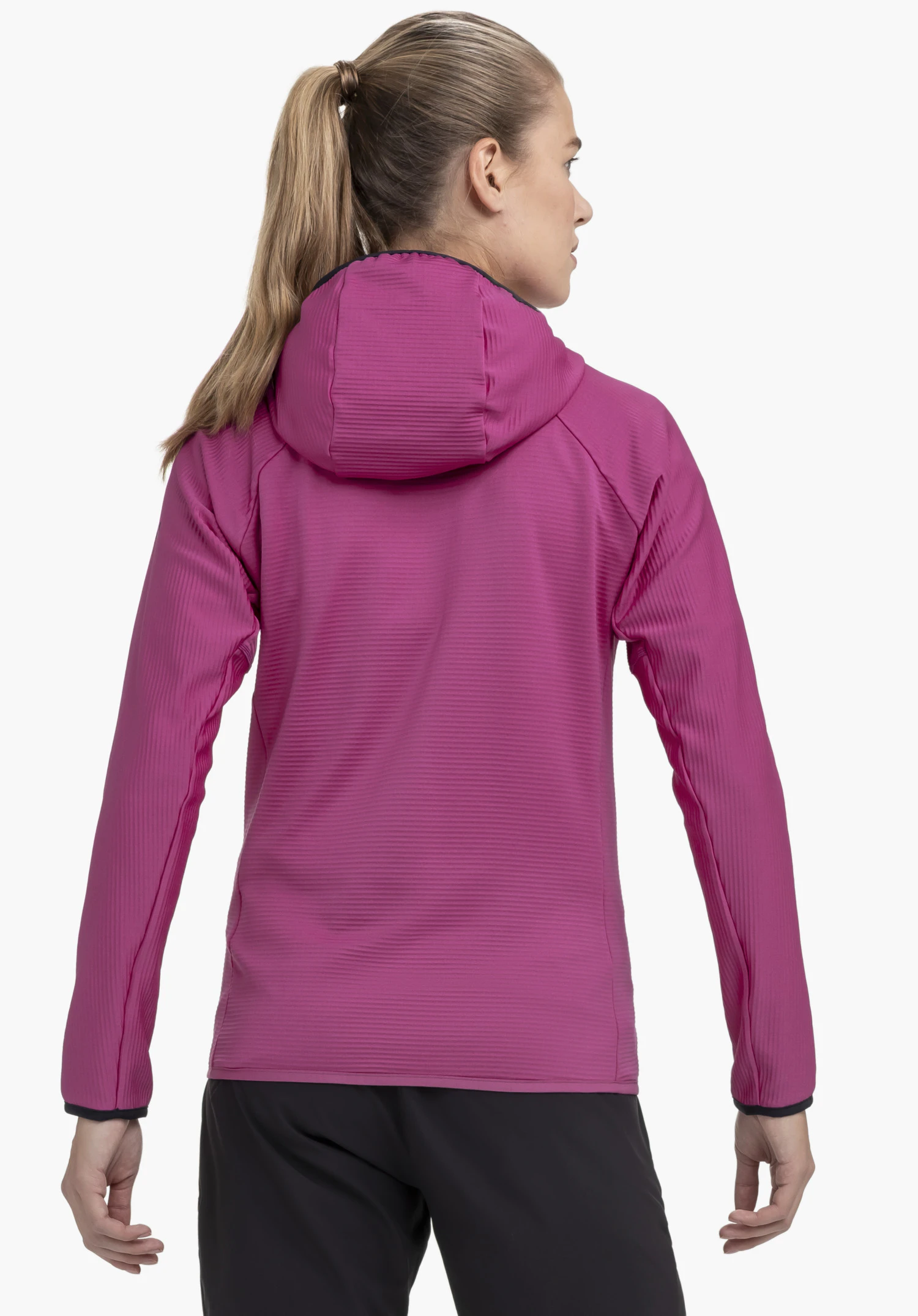 Fleece Hoody Style Cascata WMS in pink, seen from the back on a model against a neutral background.