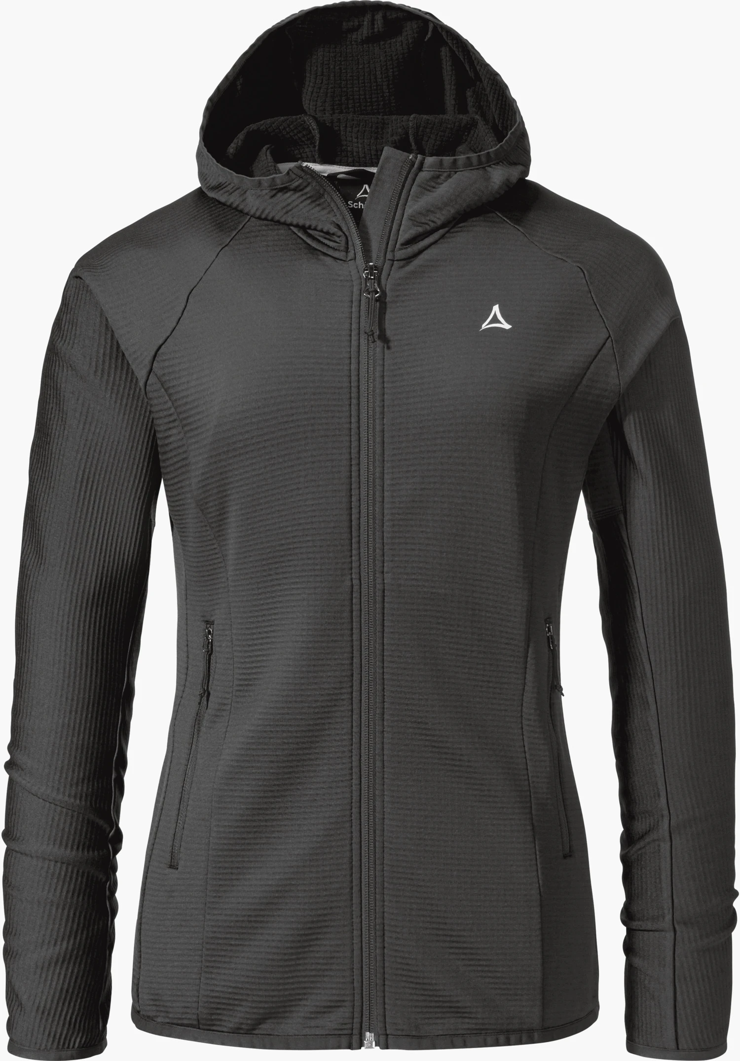 Fleece Hoody Style Cascata WMS black fitted fleece jacket with hood and closed zip; Schöffel logo on left chest; two side zip pockets, ribbed structure; isolated on a white background.