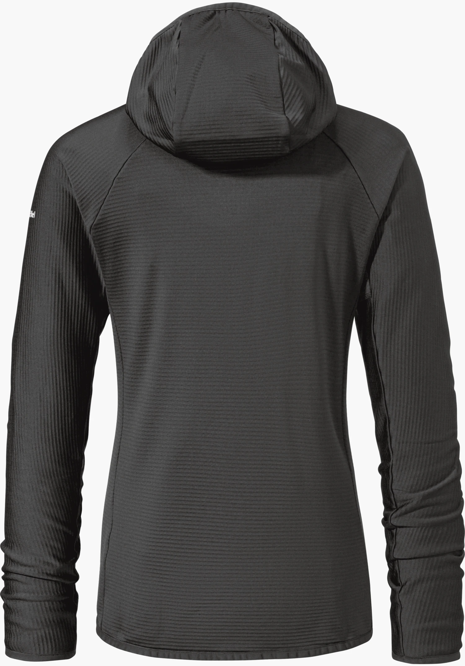 Fleece Hoody Style Cascata WMS Veste à capuche noire, vue de dos; à plat sur fond blanc, manches longues côtelées, capuche posée. Texte sur la manche : Schöffel.