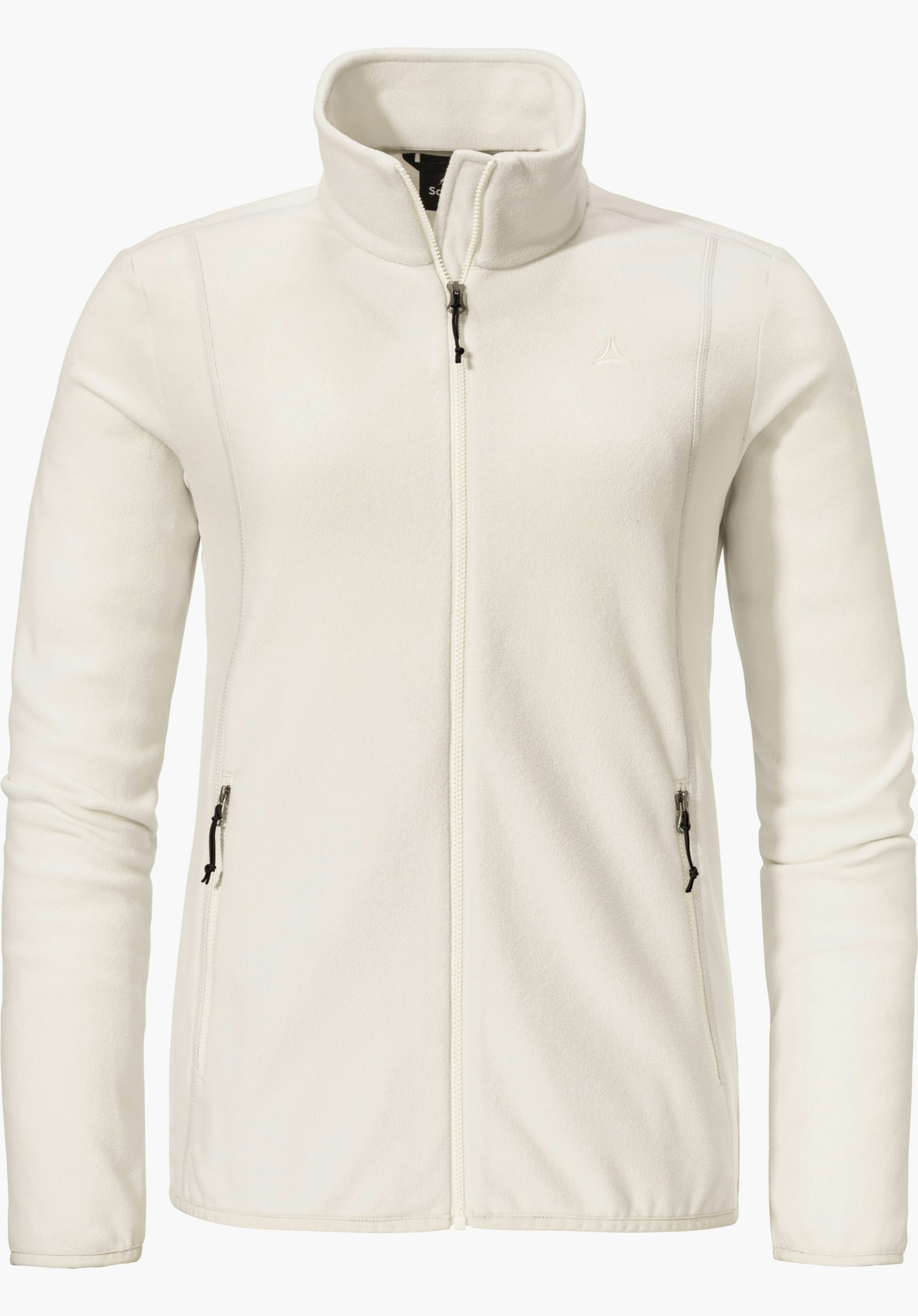 Fleece Jk Style Ash WMS veste polaire blanche, vue de face, fermeture éclair fermée, logo Schöffel visible sur la poitrine, détourée sur fond clair.