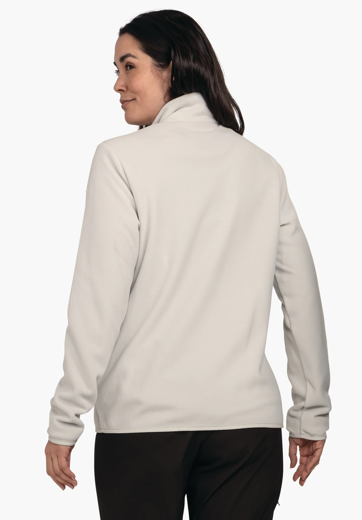 Fleece Jk Style Ash WMS lichtgrijze fleecejas, achteraanzicht; persoon draagt de jas en staat licht gedraaid met zijwaartse blik, donkerbruin haar, zwarte broek, neutrale witte achtergrond.