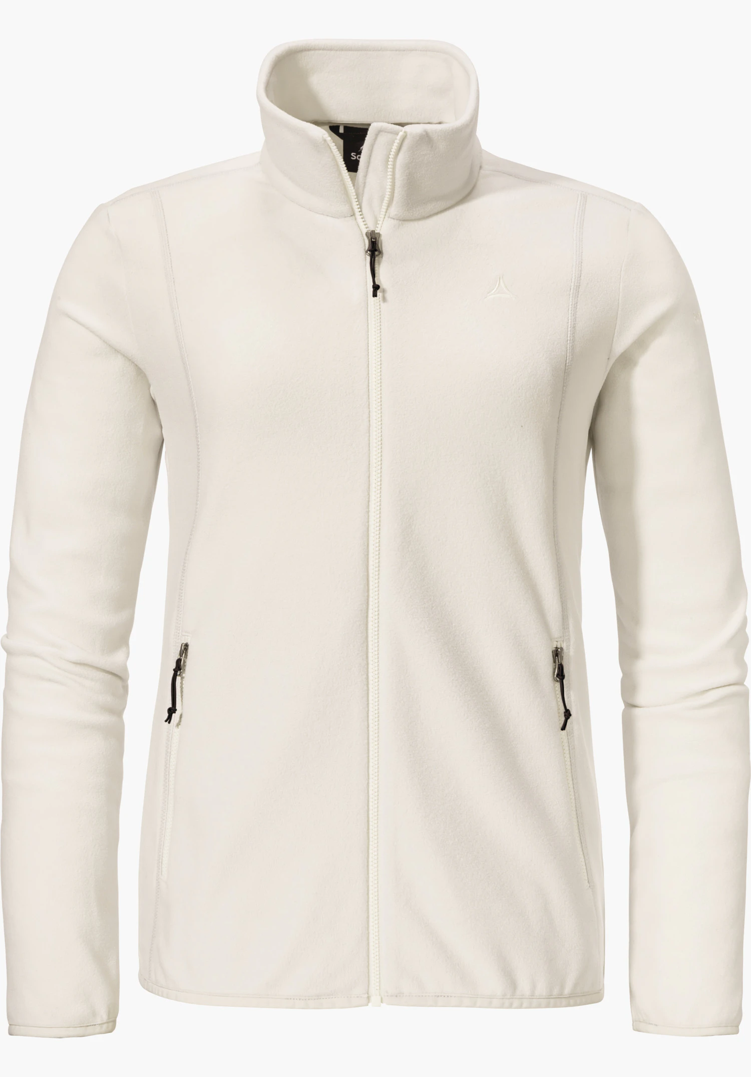 Fleece Jk Style Ash WMS Wit fleecejack, frontaal met gesloten rits, Schöffel-logo op de borst zichtbaar, vrijstaand tegen lichte achtergrond.