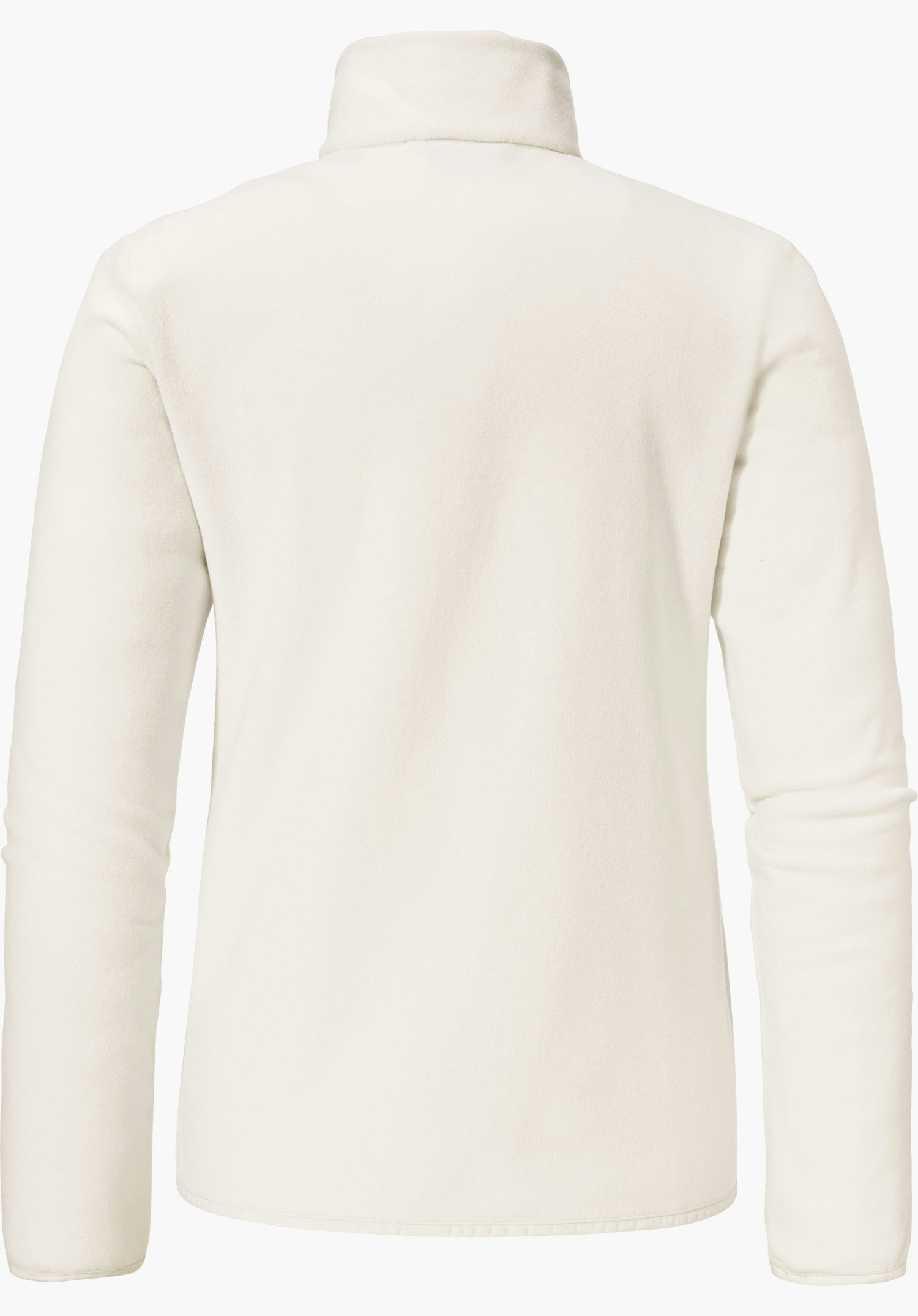 Fleece Jk Style Ash WMS weiße Fleecejacke, Rückansicht; Jacke liegt glatt mit entspannt herabhängenden Ärmeln; neutraler heller Hintergrund, schlichtes, nahtloses Design.