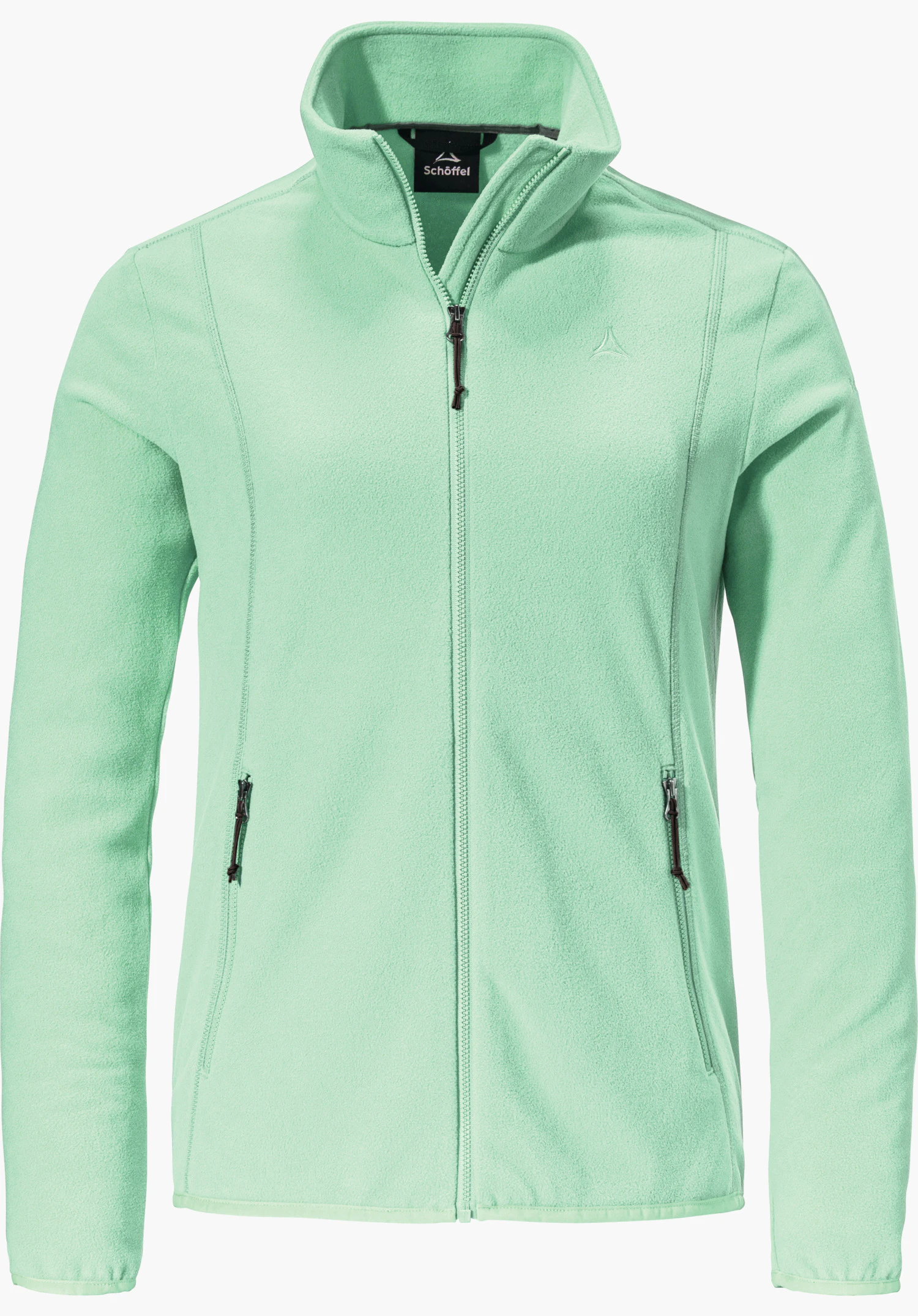 Fleece Jk Style Ash WMS light green fleece jacket with full-length zip; collar slightly open, two side zip pockets; Schöffel logo on the chest; label text: “Schöffel”.