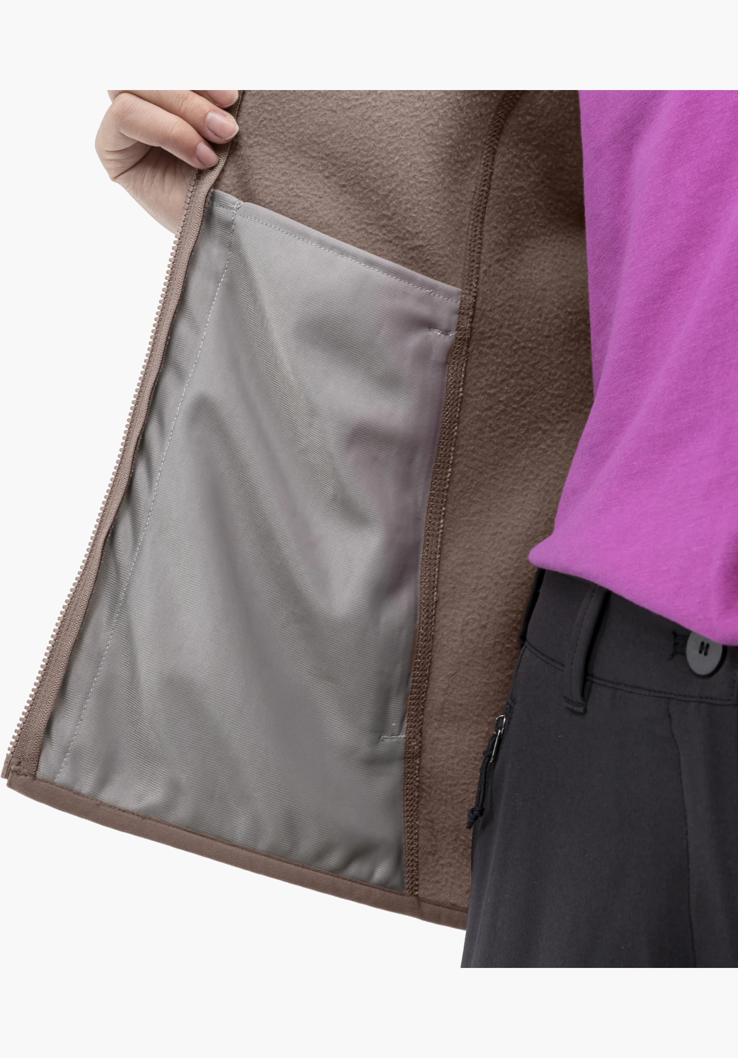 Fleece Jk Style Ash WMS focusing on the opened inside, revealing the smooth grey inner lining next to the brown fleece fabric and the zip. Close-up against a white/neutral background.
