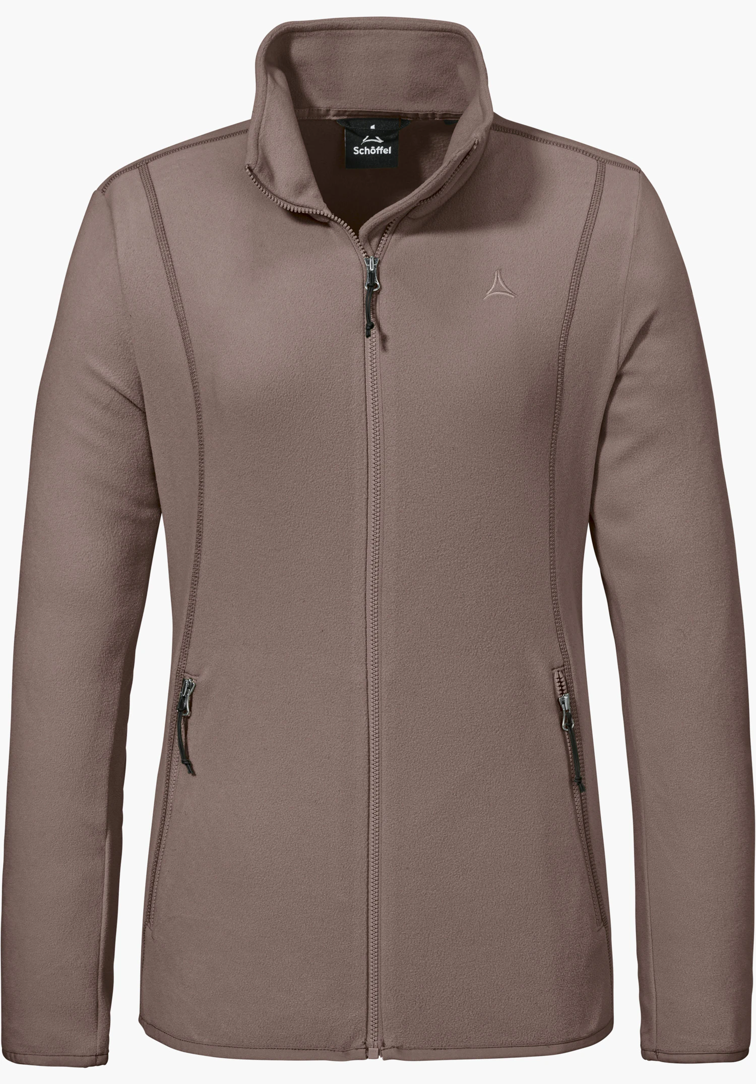 Fleece Jk Style Ash WMS as a brown fleece jacket with a full front zip, stand-up collar, two side zip pockets and a Schöffel logo on the left chest, isolated against a white background.