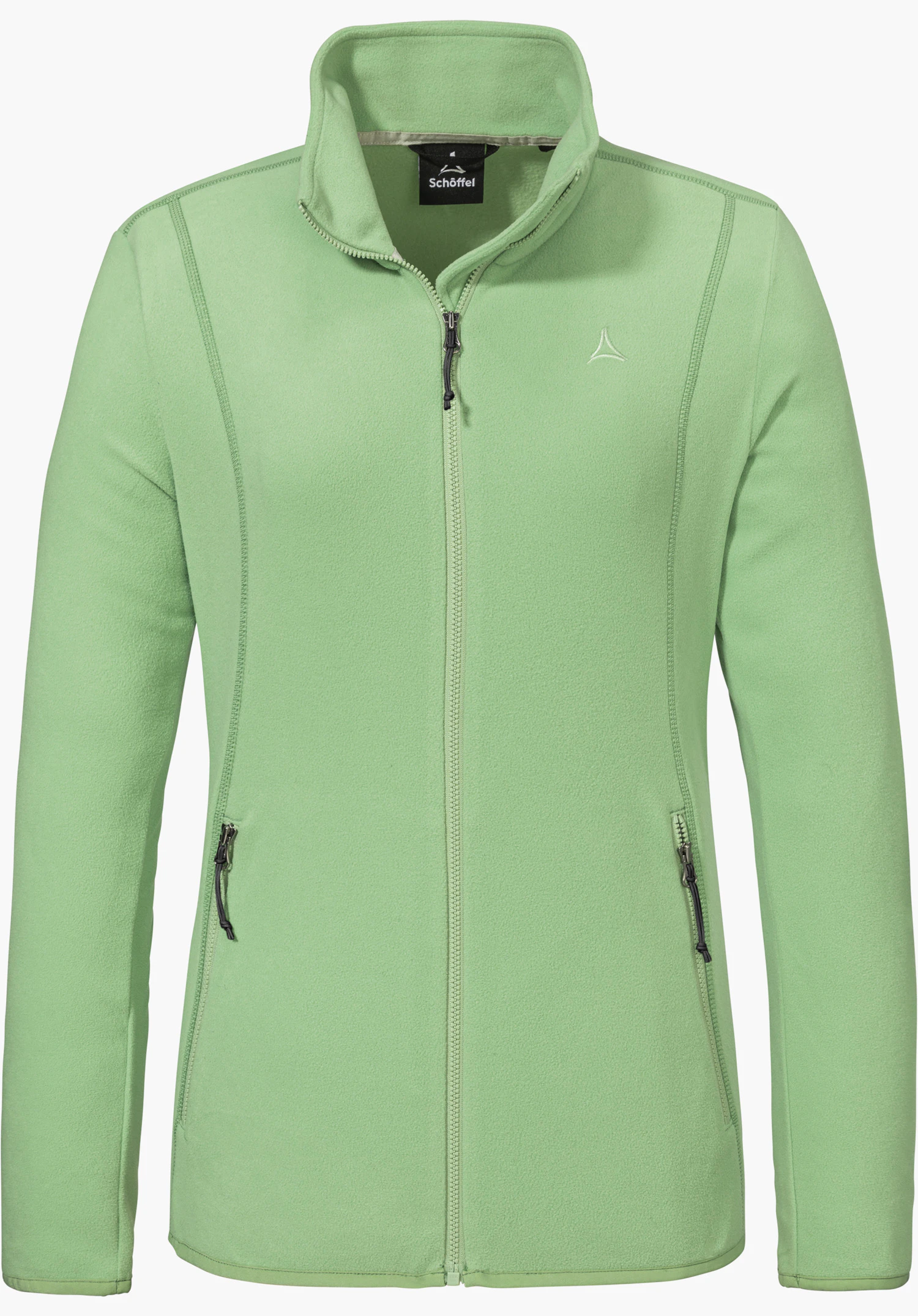 Fleece Jk Style Ash WMS als grüne Fleecejacke mit durchgehendem Frontreißverschluss, seitlichen Reißverschlusstaschen und dem Schöffel-Logo auf der Brust, freigestellt vor weißem Hintergrund.