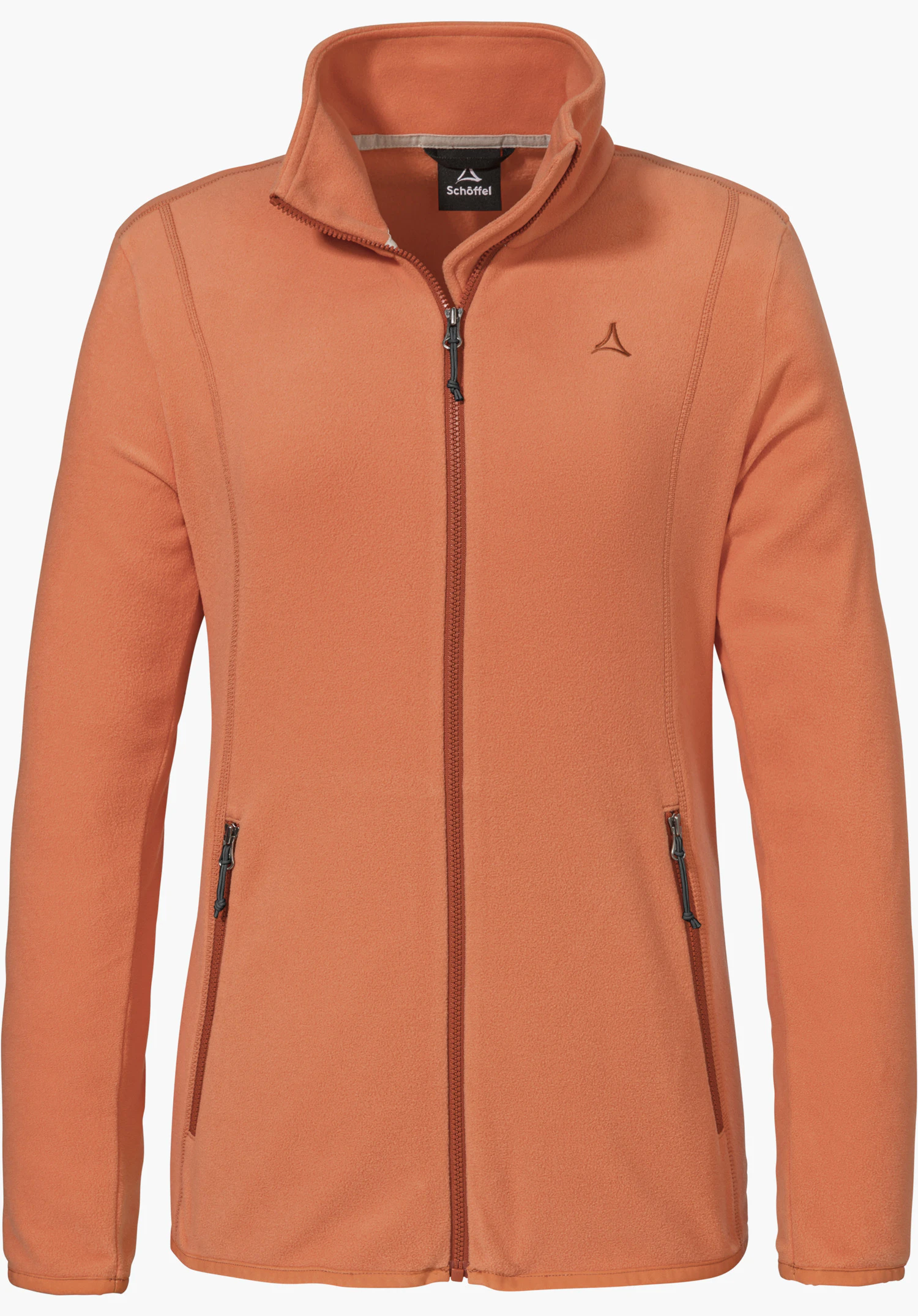 Fleece Jk Style Ash WMS in de kleur oranje met een doorlopende ritssluiting aan de voorzijde, twee zijzakken met rits en een Schöffel-logo op de linkerborst, vrijstaand tegen een witte achtergrond.
