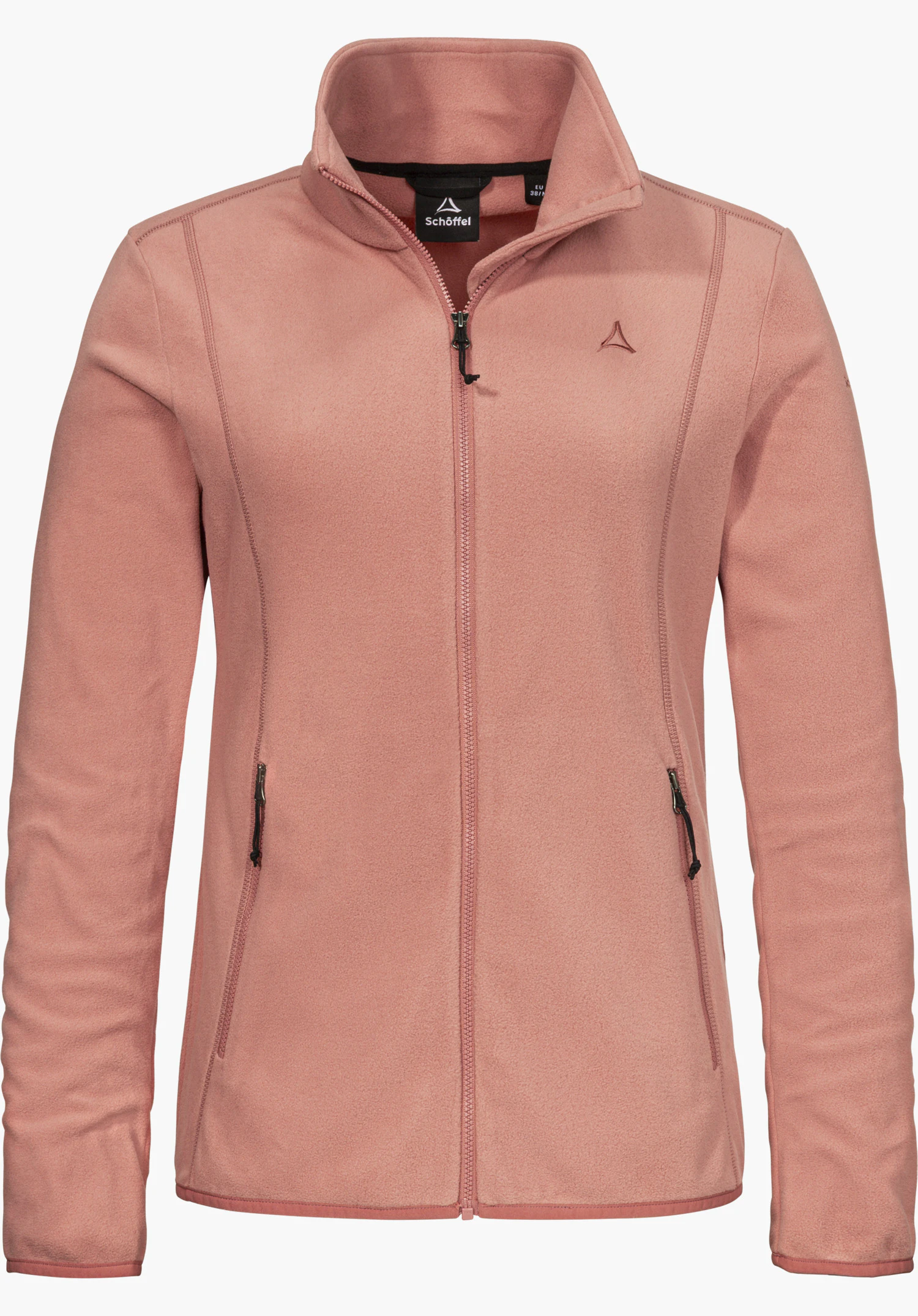 Fleece Jk Style Ash WMS Fleecejacke in rosa mit Frontreißverschluss, Stehkragen und sichtbarem Schöffel-Logo in der Frontansicht freigestellt vor weißem Hintergrund.