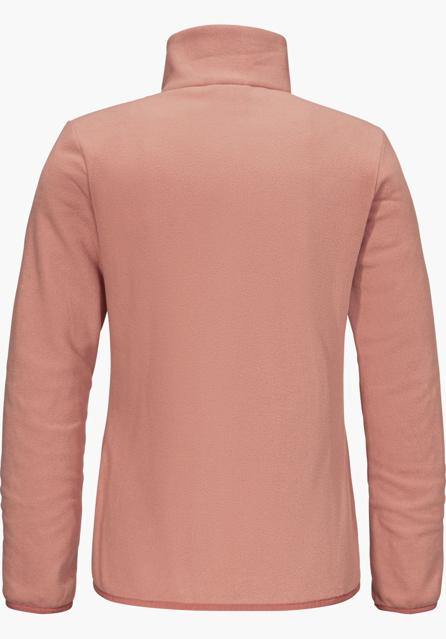 Fleece Jk Style Ash WMS in rosa von hin ten mit hohem Kragen und langen Ärmeln freigestellt vor weißem Hin tergrund.