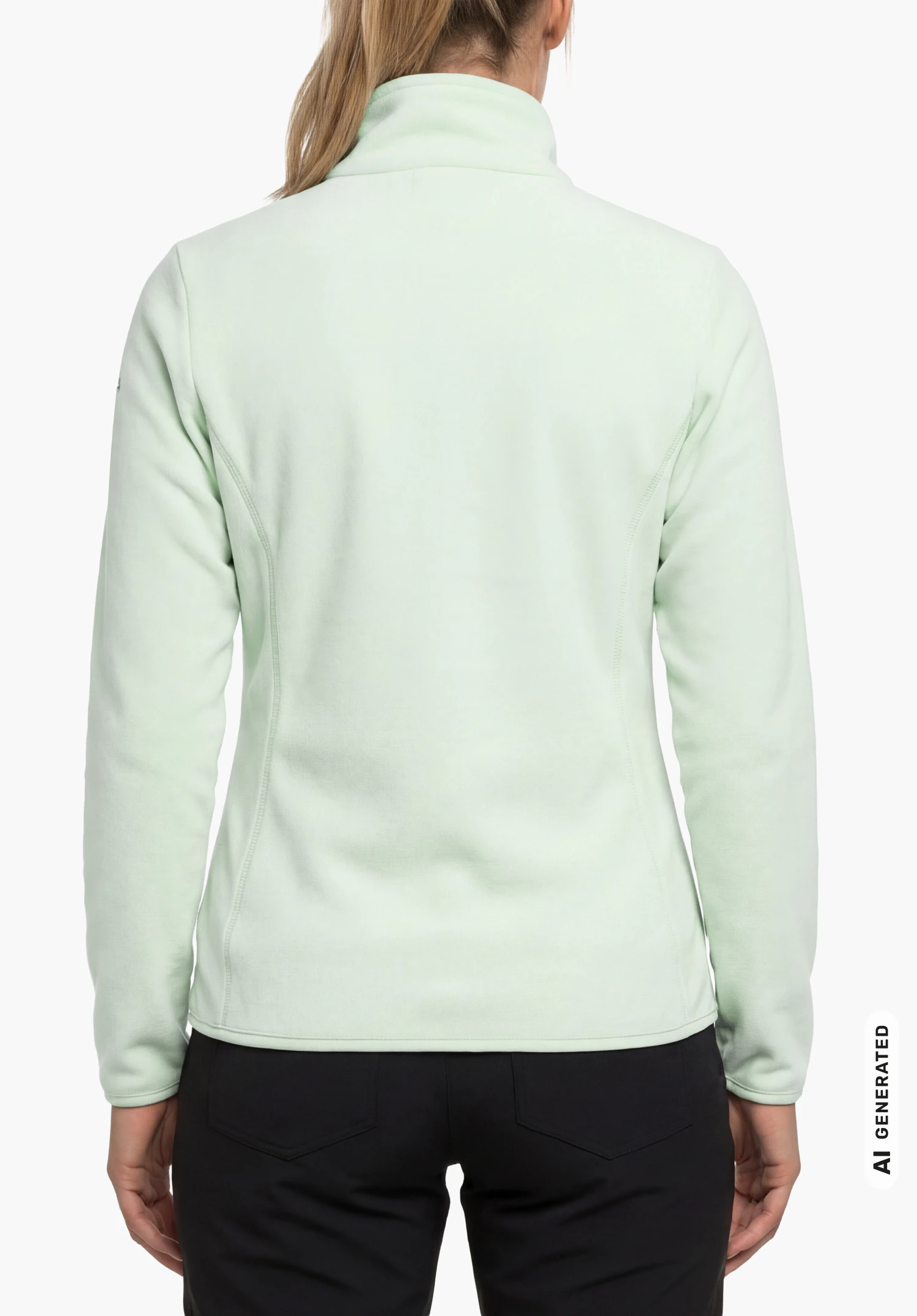 Fleece Jk Style Ash WMS en vert, porté par un mannequin femme de dos avec une posture droite et les bras le long du corps sur fond blanc. (Généré par IA)