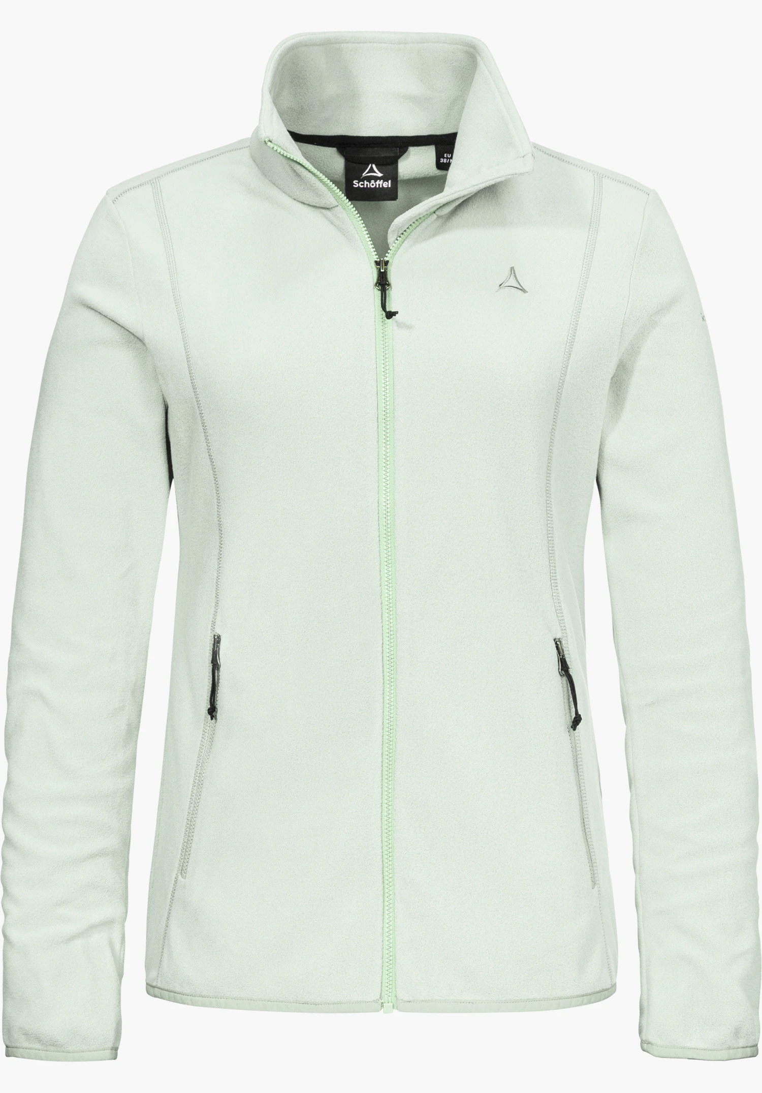 Fleece Jk Style Ash WMS, veste polaire verte avec fermeture éclair frontale, col montant, deux poches latérales et logo Schöffel sur la poitrine, détourée sur fond blanc.