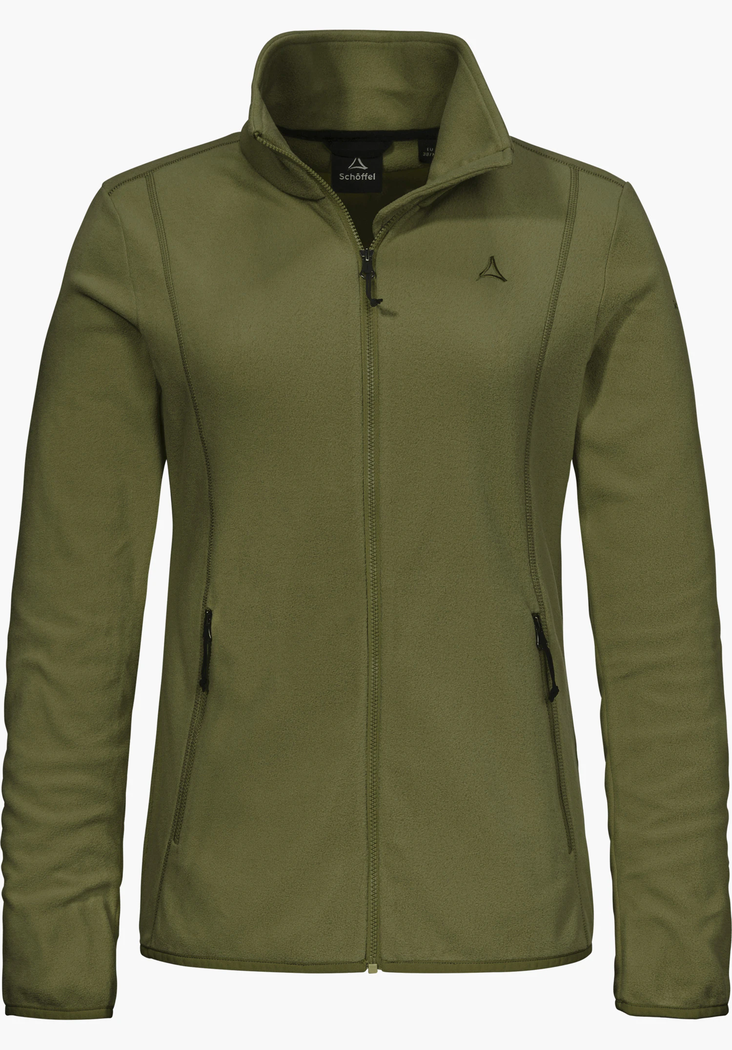 Fleece Jk Style Ash WMS Fleecejacke in grün mit Frontreißverschluss, Stehkragen und sichtbarem Schöffel-Logo sowie Schöffel-Schriftzug freigestellt vor weißem Hintergrund.