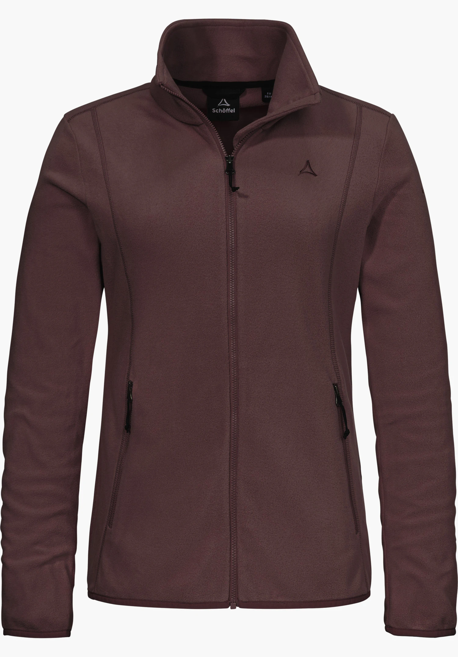 Fleece Jk Style Ash WMS Fleecejacke in lila mit durchgehendem Reißverschluss, Stehkragen, seitlichen Eingrifftaschen und sichtbarem Schöffel-Logo in Frontansicht freigestellt vor weißem Hintergrund.