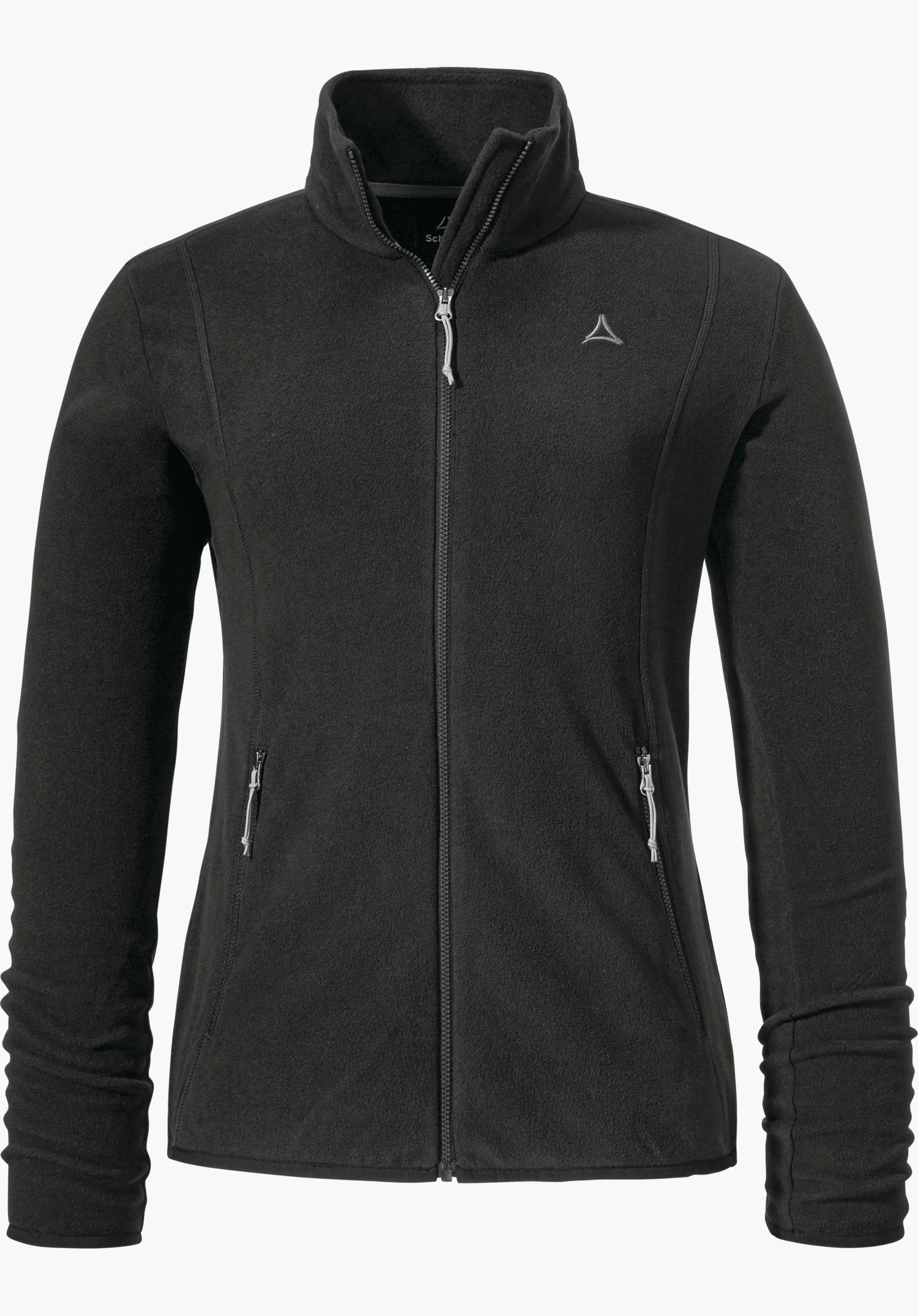 Fleece Jk Style Ash WMS veste polaire noire à manches longues, fermeture éclair frontale fermée; deux poches latérales zippées; logo Schöffel sur la poitrine gauche; fond blanc.