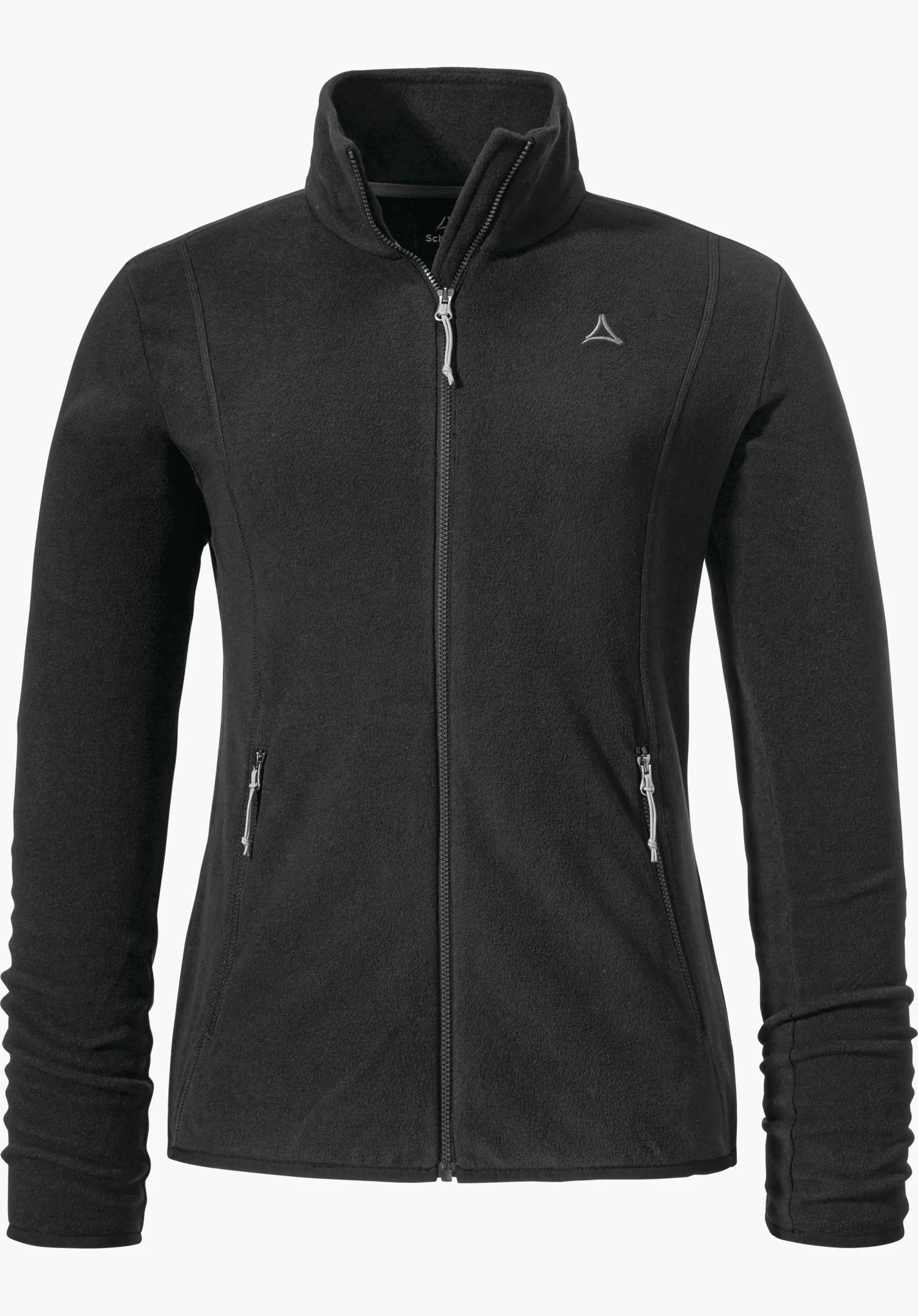 Fleece Jk Style Ash WMS Zwart fleecejack met lange mouwen, frontale gesloten rits; twee zijzakken met rits; Schöffel-logo op de linkerborst; witte achtergrond.