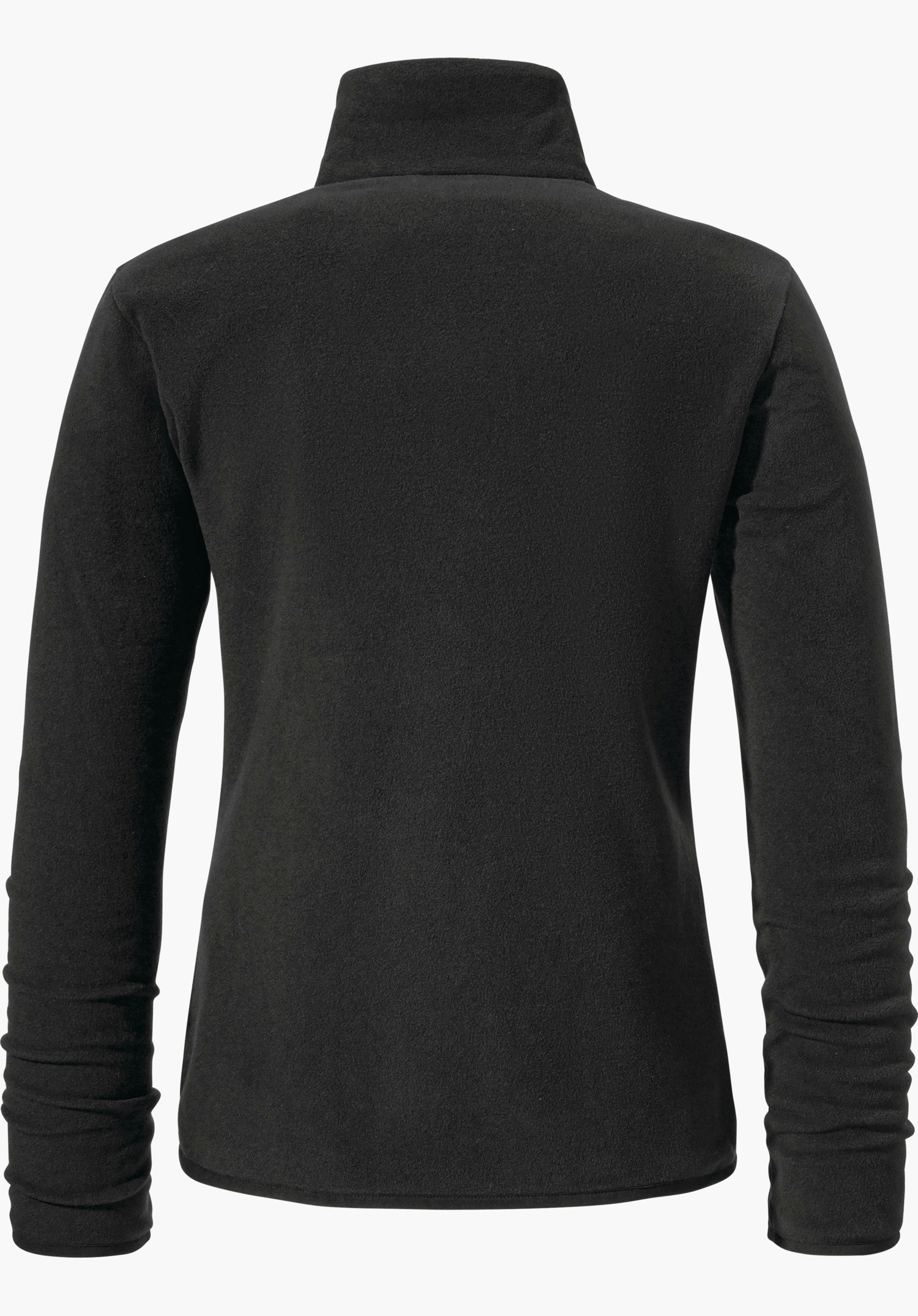 Fleece Jk Style Ash WMS black fleece jacket, shown from the back; long sleeves slightly ruched, stand-up collar upright, smooth texture, white background.