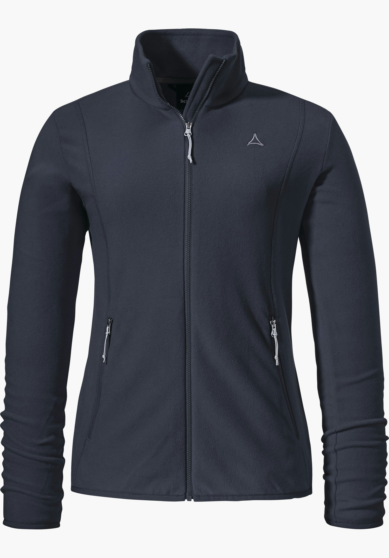 Fleece Jk Style Ash WMS veste polaire bleu foncé; fermeture éclair fermée, logo Schöffel sur la poitrine, deux poches zippées et col montant; détourée sur fond blanc.
