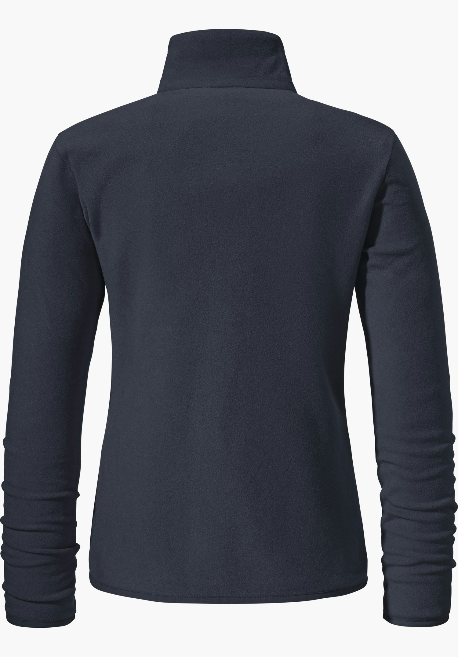 Fleece Jk Style Ash WMS dark blue fleece jacket, rear view; flat smooth back panel, stand-up collar, long sleeves slightly gathered; presented against a solid light background.