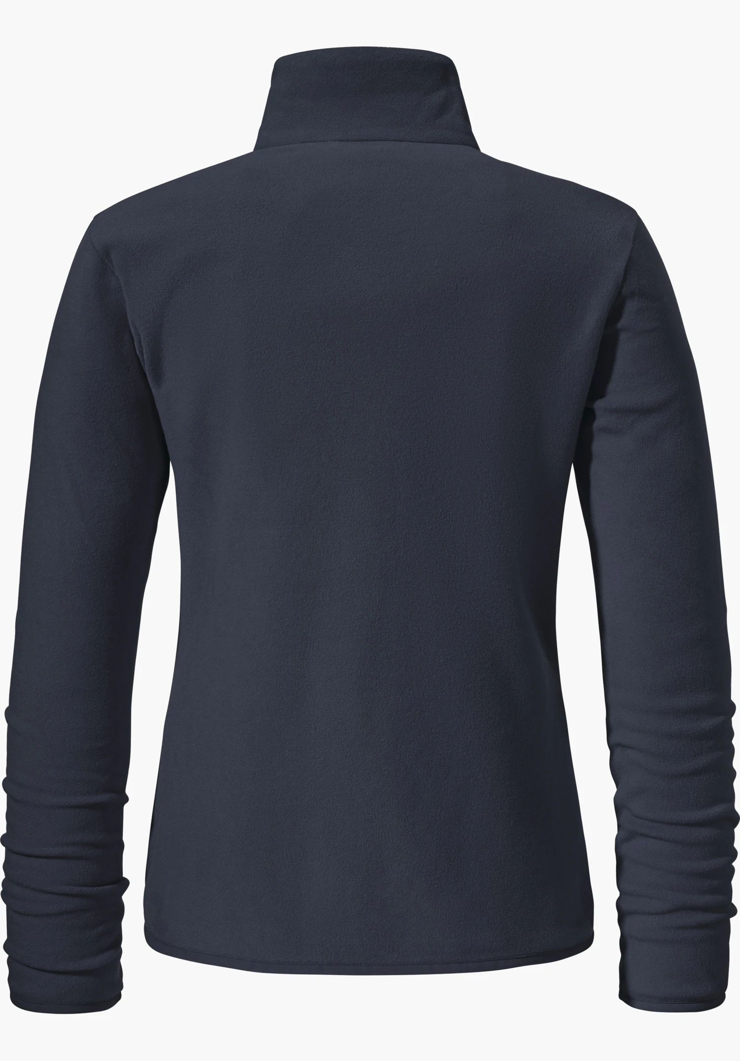Fleece Jk Style Ash WMS donkerblauwe fleecejas, achteraanzicht; vlak en glad rugpand, opstaande kraag, lange mouwen licht gerimpeld; effen lichte achtergrond.