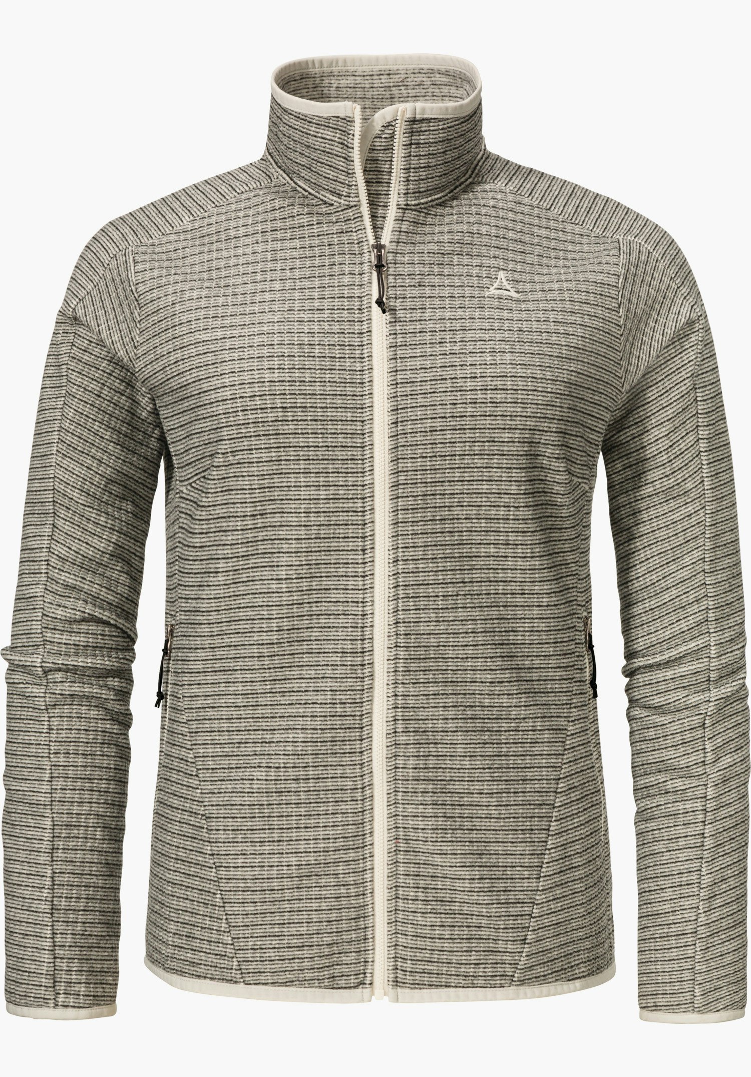 CIRC Fleece Jk Style Terxa WMS veste polaire gris clair avec fermeture éclair blanche fermée; fin motif rayé, logo Schöffel sur la poitrine gauche, manches longues, vue de face sur fond blanc.