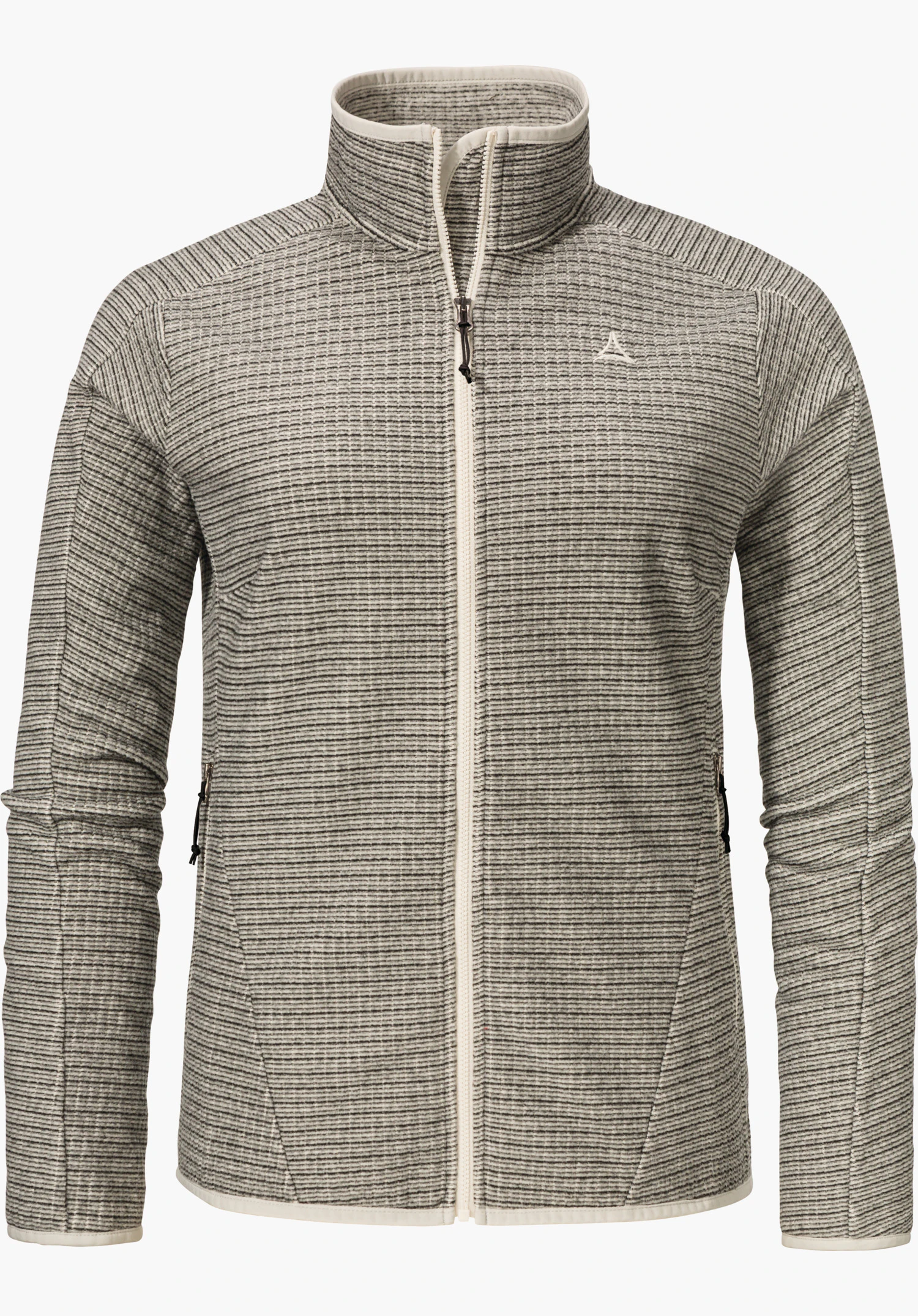 CIRC Fleece Jk Style Terxa WMS Hellgraue Fleecejacke mit geschlossenem weißen Reißverschluss; feines Streifenmuster, Schöffel-Logo auf der linken Brust, lange Ärmel, frontal vor weißem Hintergrund.