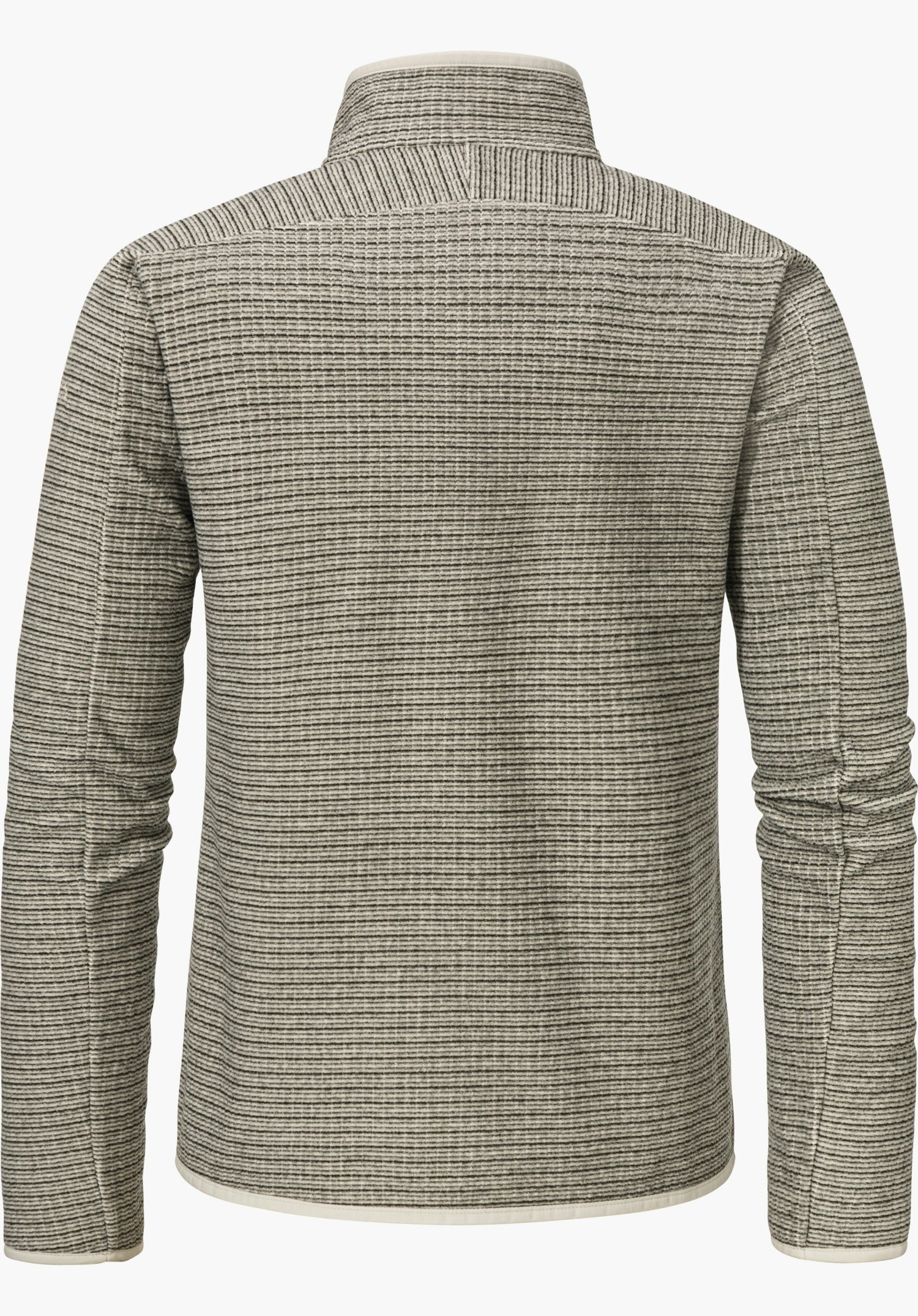 CIRC Fleece Jk Style Terxa WMS Veste polaire gris clair à fines rayures gris foncé, vue de dos; col montant court, à plat sur fond blanc, manches fines légèrement plissées.