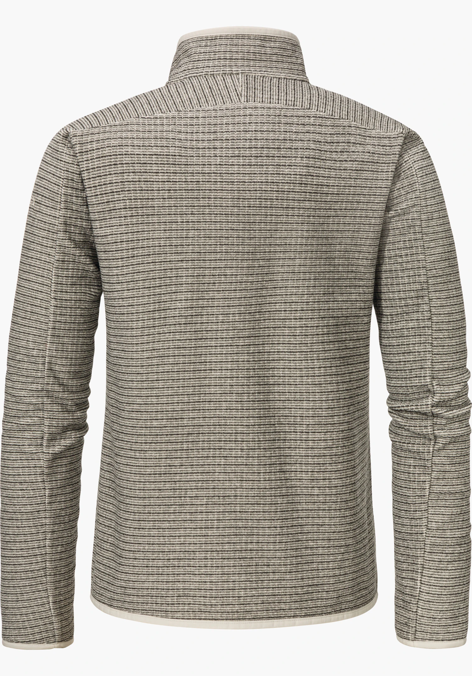 CIRC Fleece Jk Style Terxa WMS Veste polaire gris clair à fines rayures gris foncé, vue de dos; col montant court, à plat sur fond blanc, manches fines légèrement plissées.