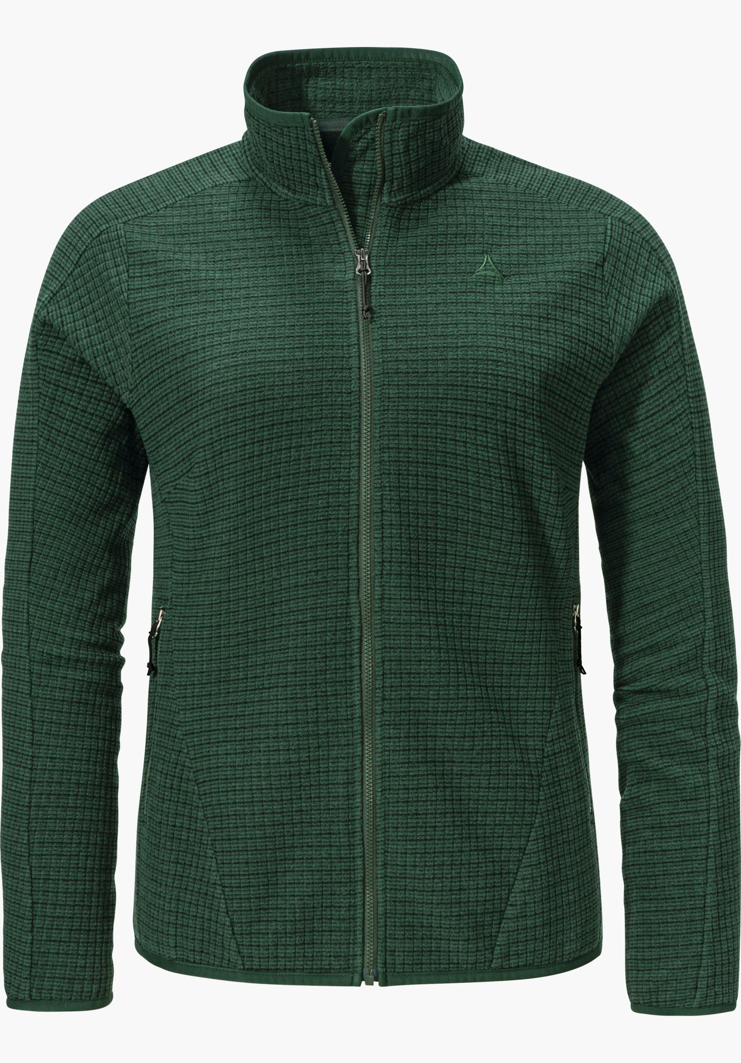 CIRC Fleece Jk Style Terxa WMS veste polaire vert foncé, fermée sur l’avant par fermeture éclair intégrale, petit logo Schöffel sur la poitrine; présentée sur fond blanc studio.
