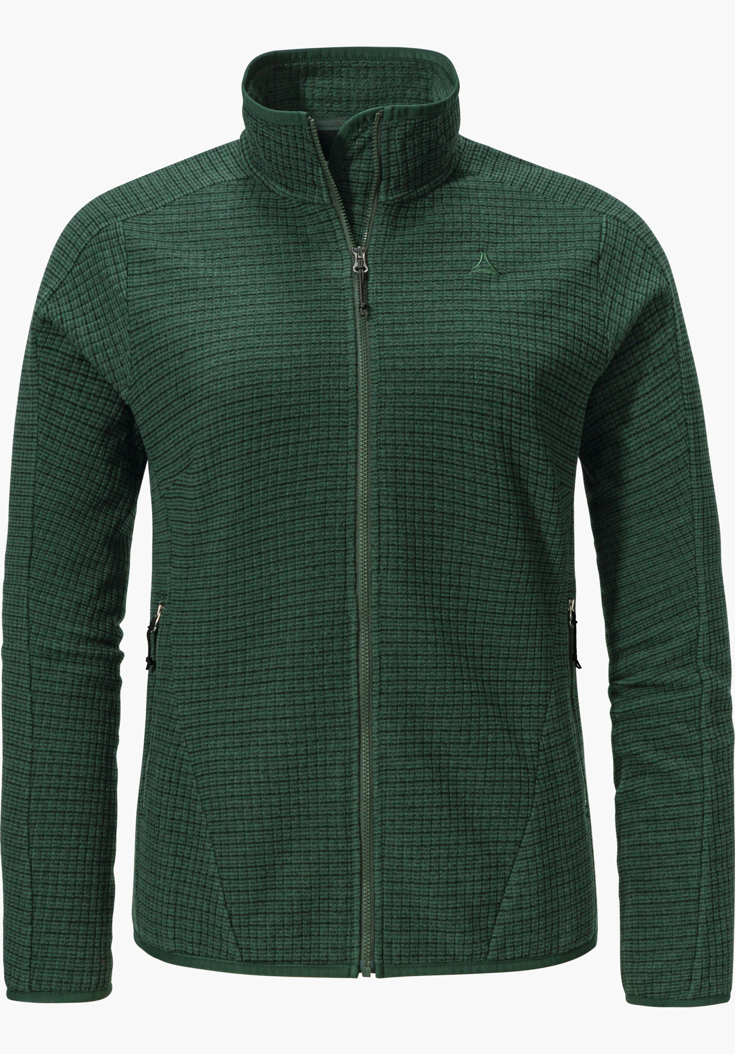 CIRC Fleece Jk Style Terxa WMS Dunkelgrüne Fleecejacke, frontseitig geschlossen mit durchgehendem Reißverschluss, kleines Schöffel-Logo auf der Brust; freistehend vor weißem Studiohintergrund.