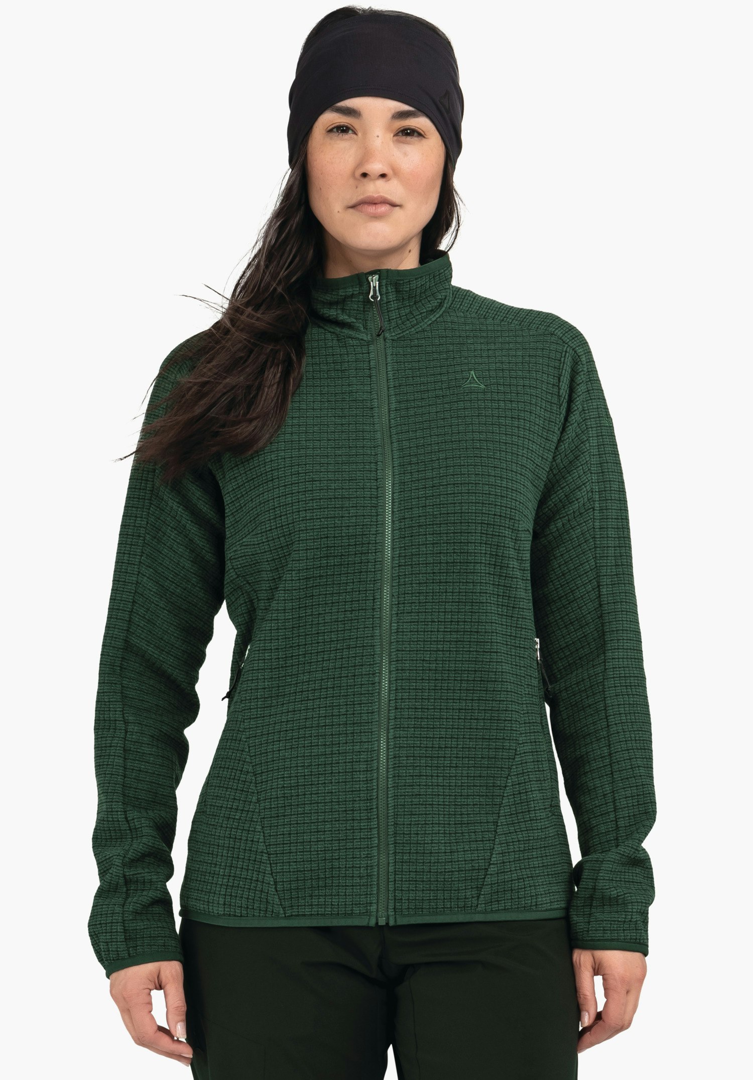 CIRC Fleece Jk Style Terxa WMS Veste texturée vert foncé avec zip et logo Schöffel, portée de face; personne debout calmement avec les bras détendus, bandeau noir; fond blanc neutre.
