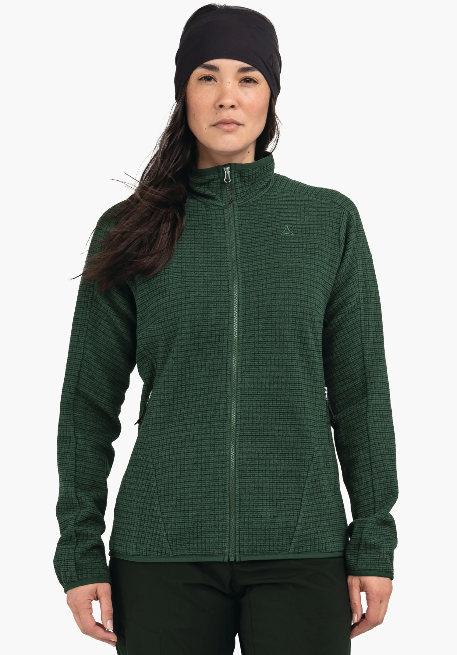 CIRC Fleece Jk Style Terxa WMS Dunkelgrüne, strukturierte Reißverschlussjacke (Schöffel-Logo), frontal getragen; Person steht ruhig, Hände seitlich, schwarzes Stirnband, neutraler weißer Hintergrund.