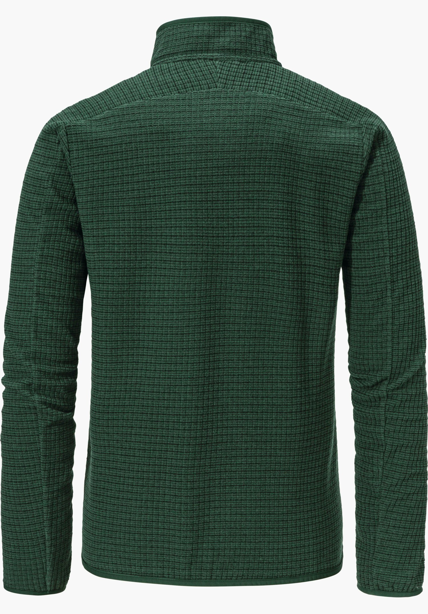 CIRC Fleece Jk Style Terxa WMS Veste polaire vert foncé, vue de dos; fine structure à carreaux dans le tissu, sur fond clair neutre.