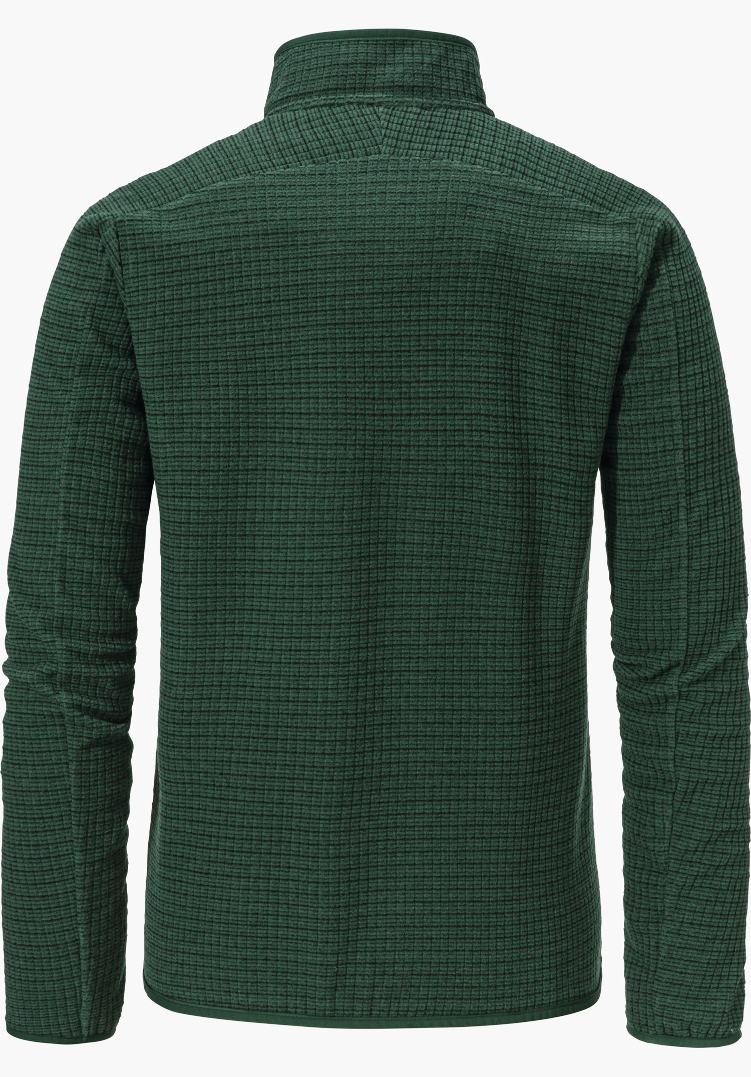 CIRC Fleece Jk Style Terxa WMS Veste polaire vert foncé, vue de dos; fine structure à carreaux dans le tissu, sur fond clair neutre.