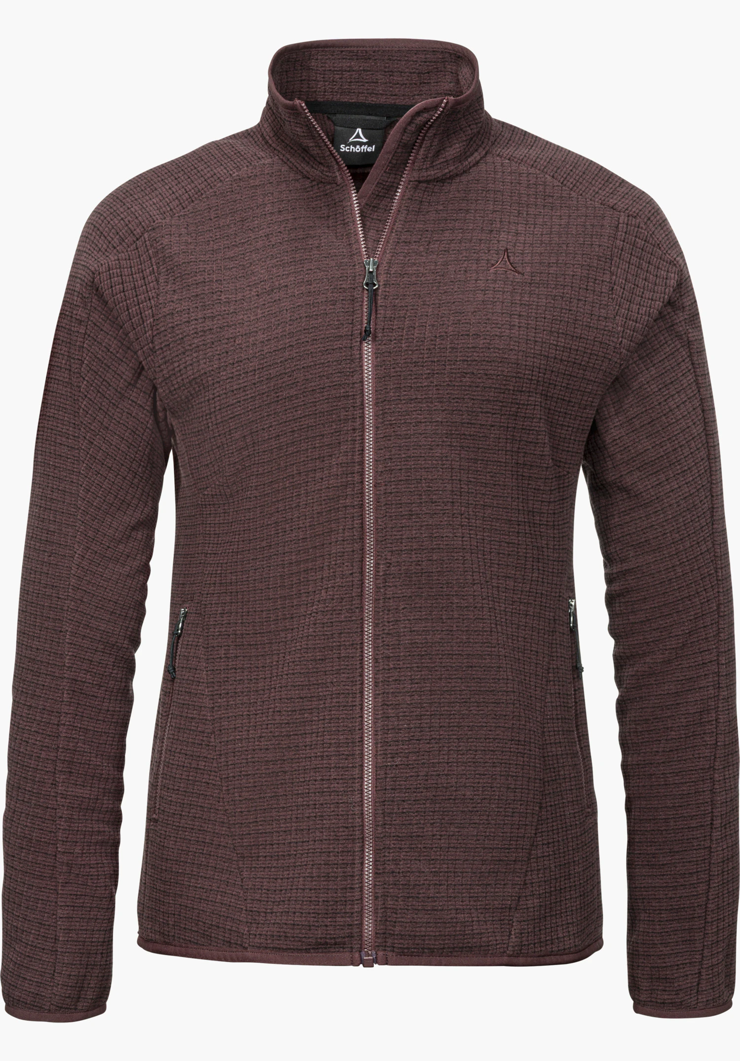 CIRC Fleece Jk Style Terxa WMS Fleecejacke in lila mit durchgehendem Reißverschluss, Stehkragen und Schöffel-Logo auf der Brust freigestellt vor weißem Hintergrund.