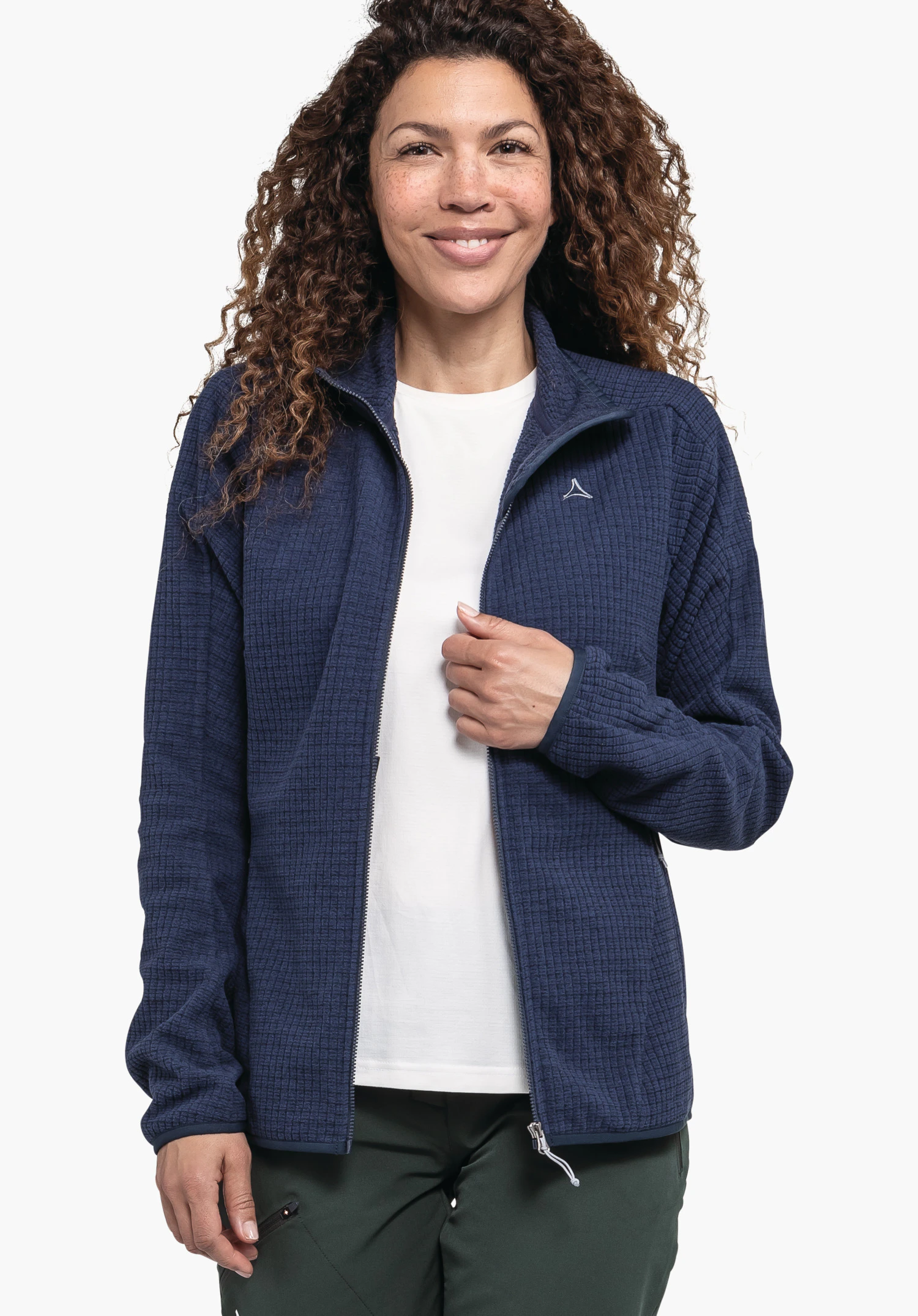 CIRC Fleece Jk Style Terxa WMS, showing the textured blue fleece material and the Schöffel logo on the chest, close-up against a white background.
