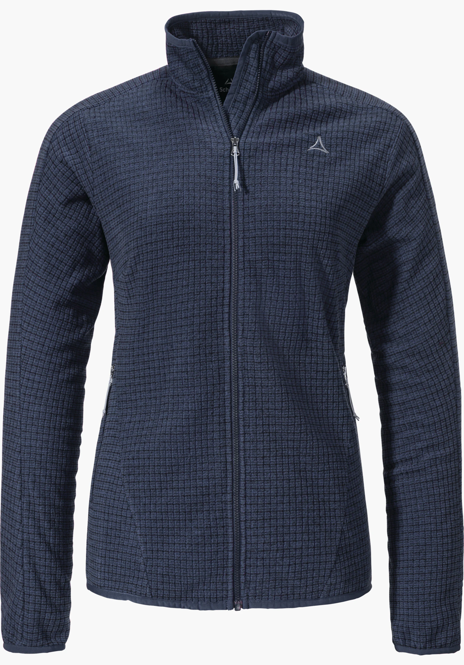CIRC Fleece Jk Style Terxa WMS dark blue fleece jacket, front view with closed zip; fine waffle texture, long sleeves and side pockets; Schöffel logo on left chest; white background.
