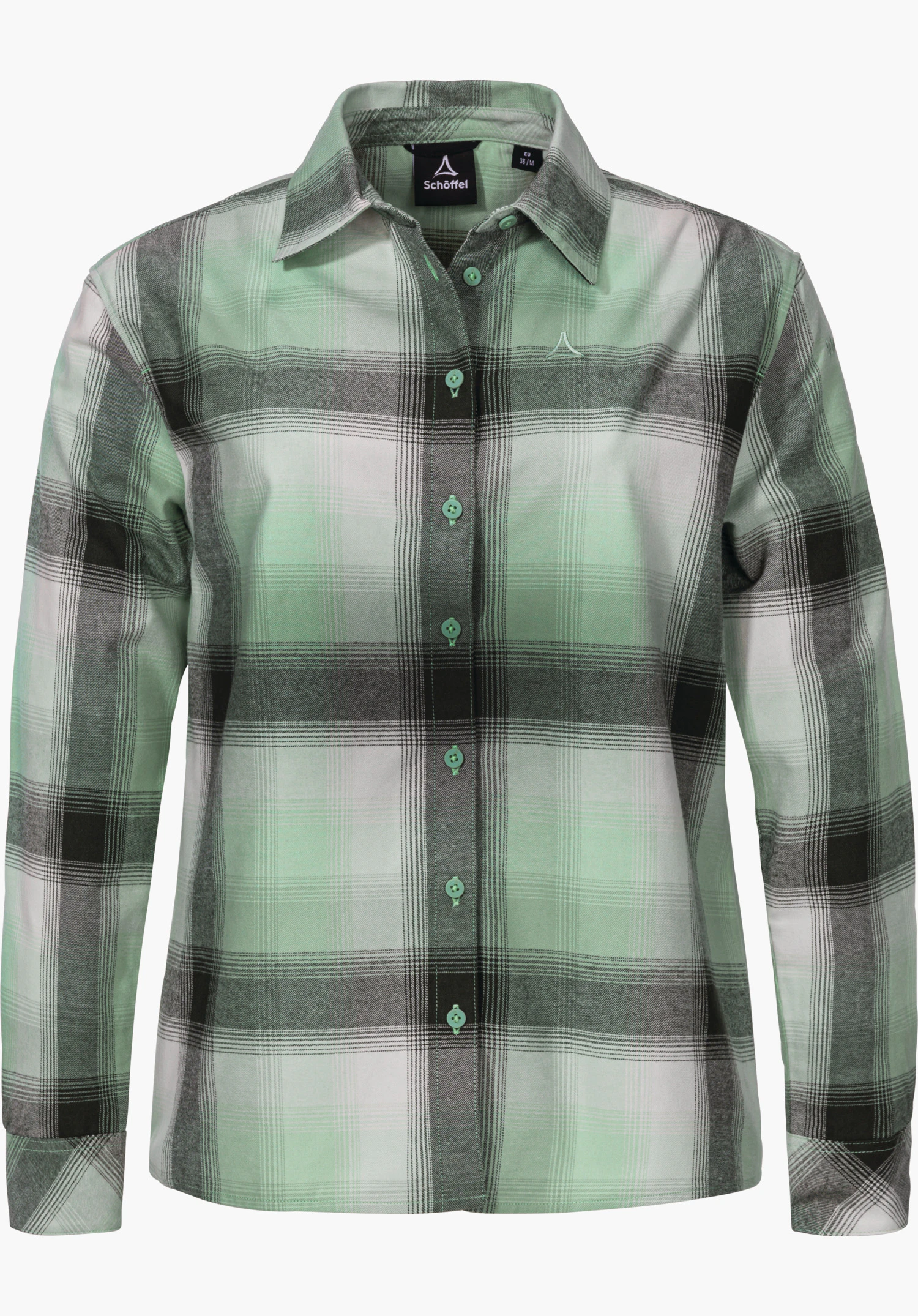 Blouse Style Limedes WMS Kariertes Hemd, hellgrün-grau-weiß, frontal präsentiert, vollständig geknöpft mit Kragen; Schöffel-Logo auf der Brust; vor neutralem weißem Hintergrund. Schriftzug: "Schöffel", "EU 38 / M".