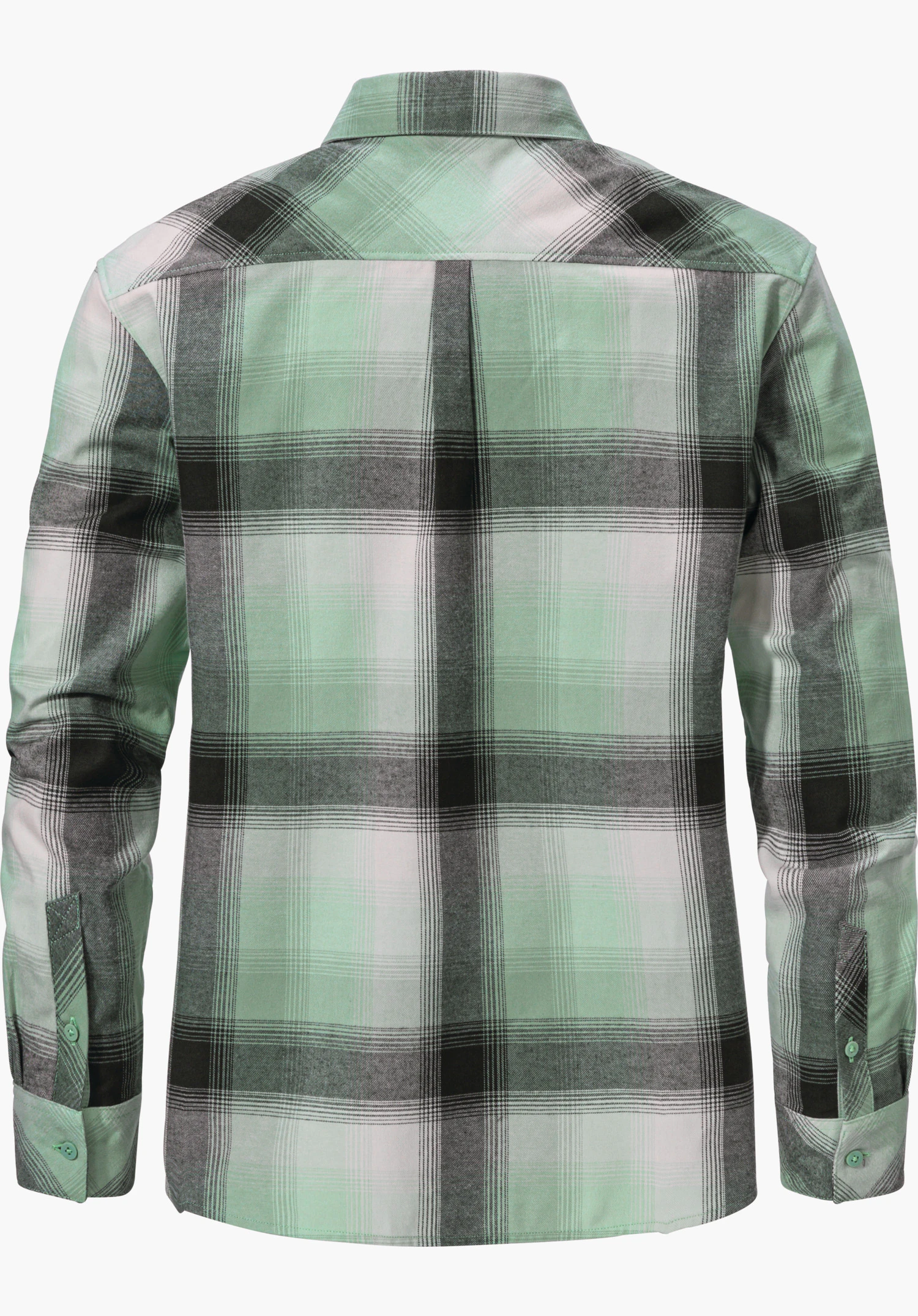 Blouse Style Limedes WMS Karierte Bluse, Rückansicht; zeigt stehende Passform und lange Ärmel; Muster aus hellgrün, dunkelgrau, weiß und hellgrau; Kragen und Manschetten sichtbar; weißer Hintergrund.