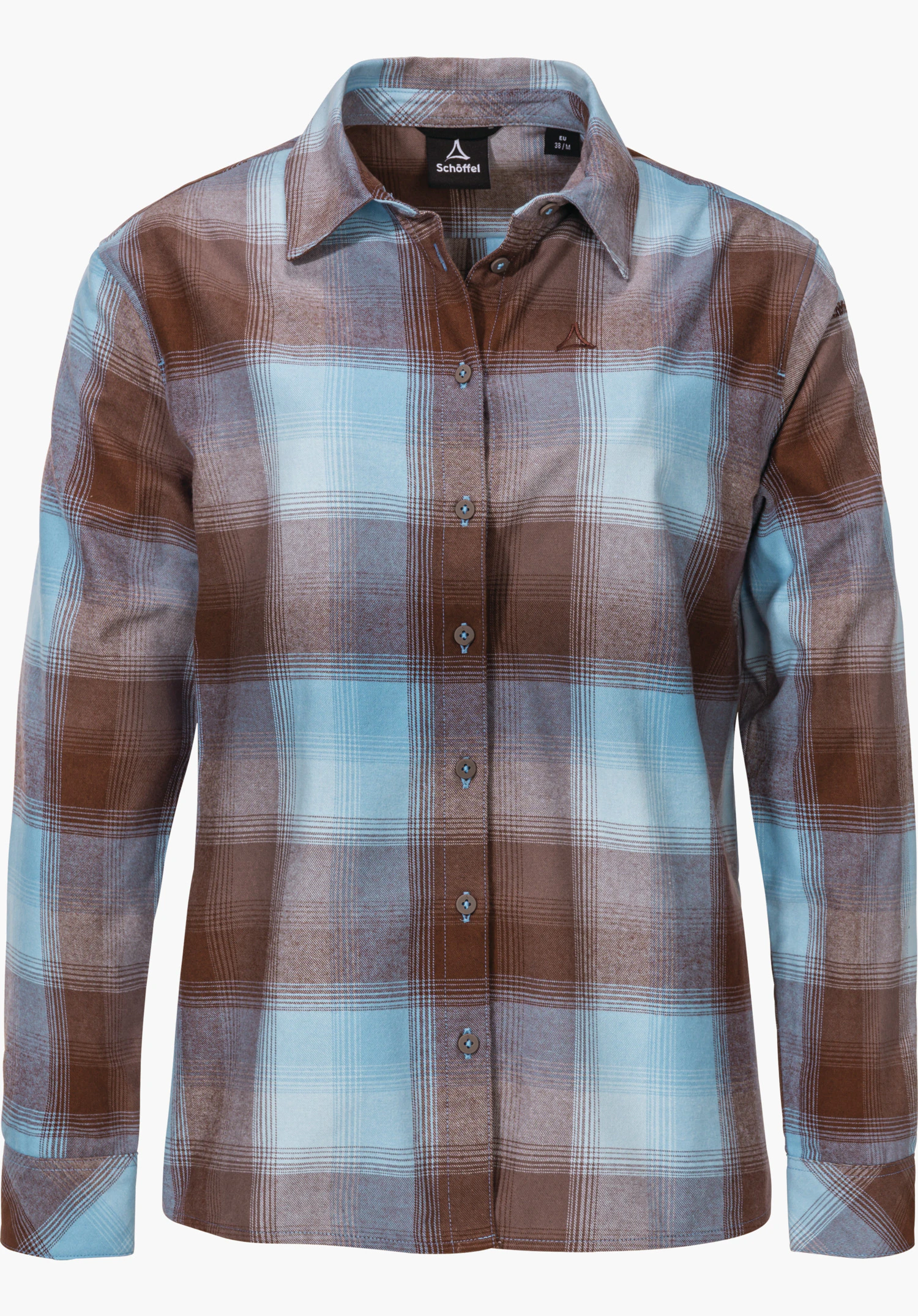 Blouse Style Limedes WMS Geruit langarm hemd (bruin, lichtblauw), met doorlopende knoopsluiting en kraag, Schöffel-logo op de borst; vrijstaand tegen witte achtergrond. Opschrift: “Schöffel”, “EU 38/M”.