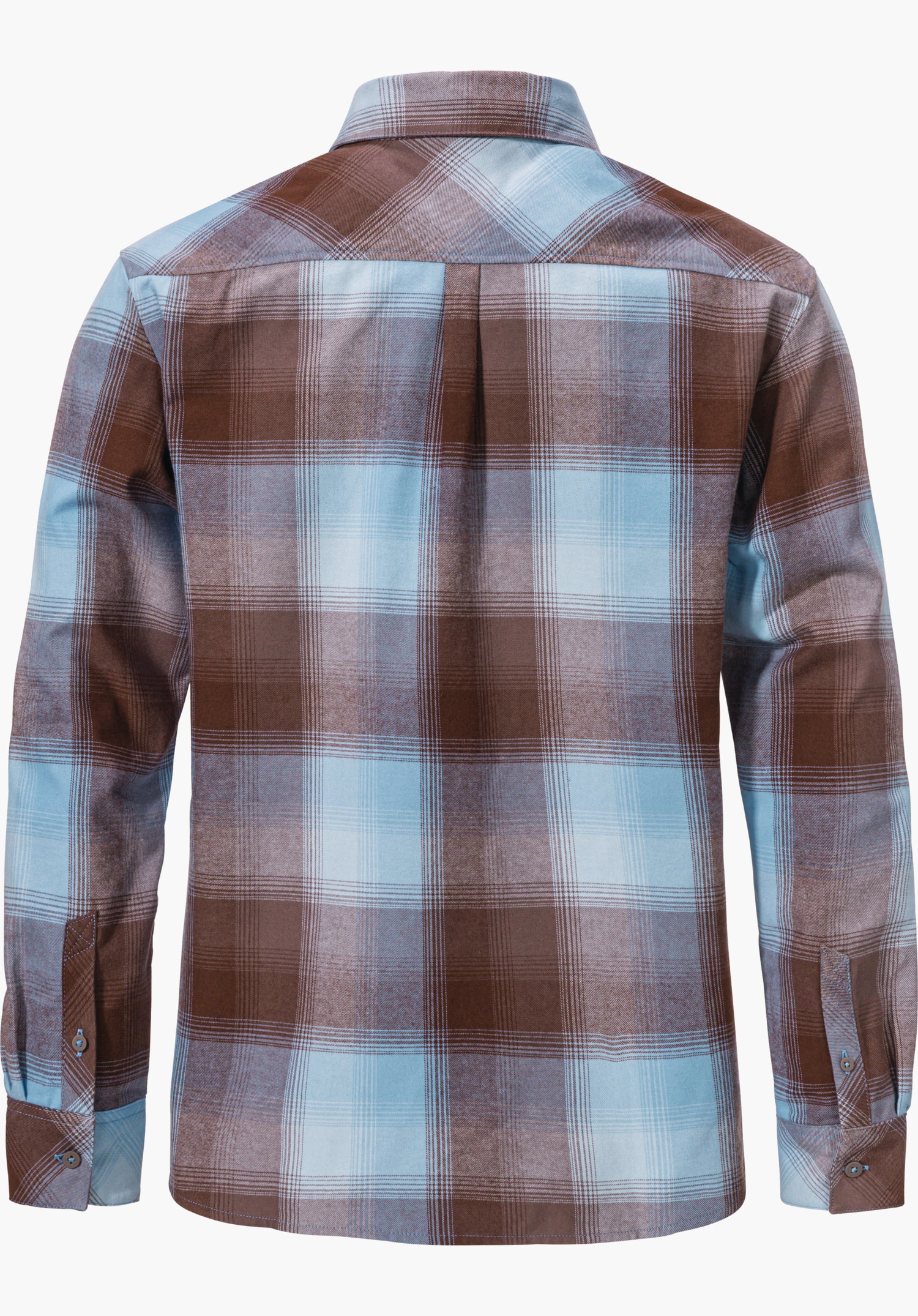 Blouse Style Limedes WMS Geruite blouse, bruin en lichtblauw; achteraanzicht met kraag en lange mouwen; hangt glad voor witte achtergrond, middenplooi op de rug zichtbaar.
