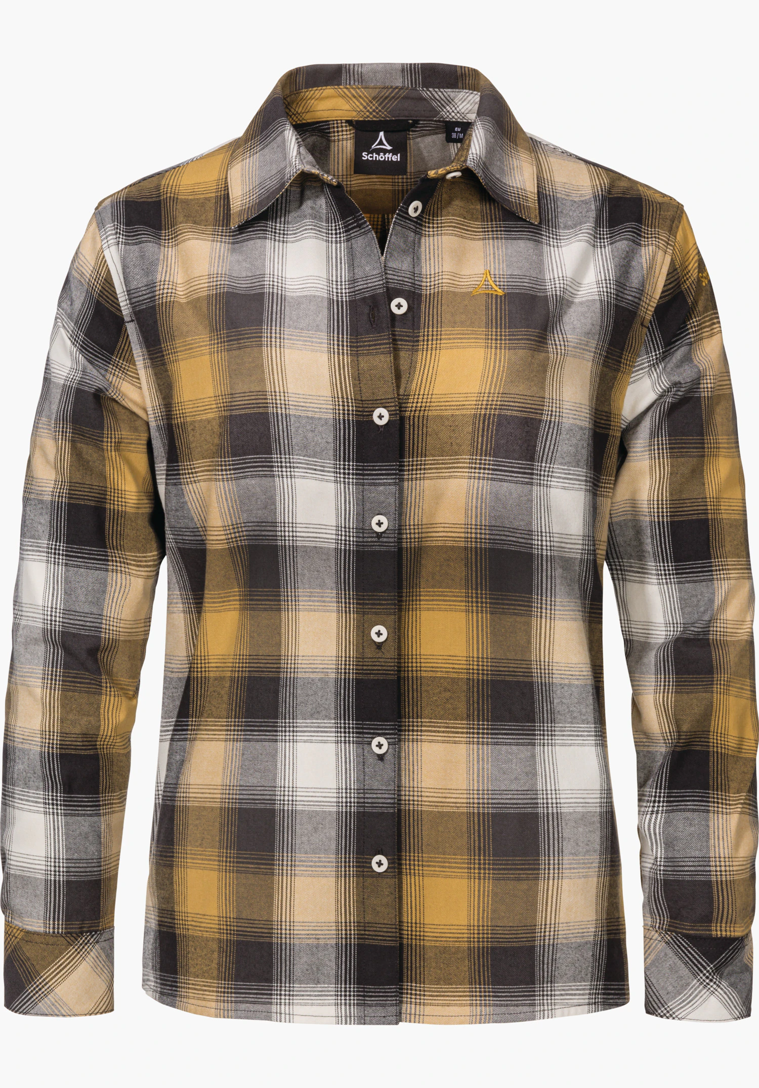 Blouse Style Limedes WMS checked shirt; buttoned up in front, colours yellow, black, white and grey; Schöffel logo on the chest; inner label text: “Schöffel”. On a white background.