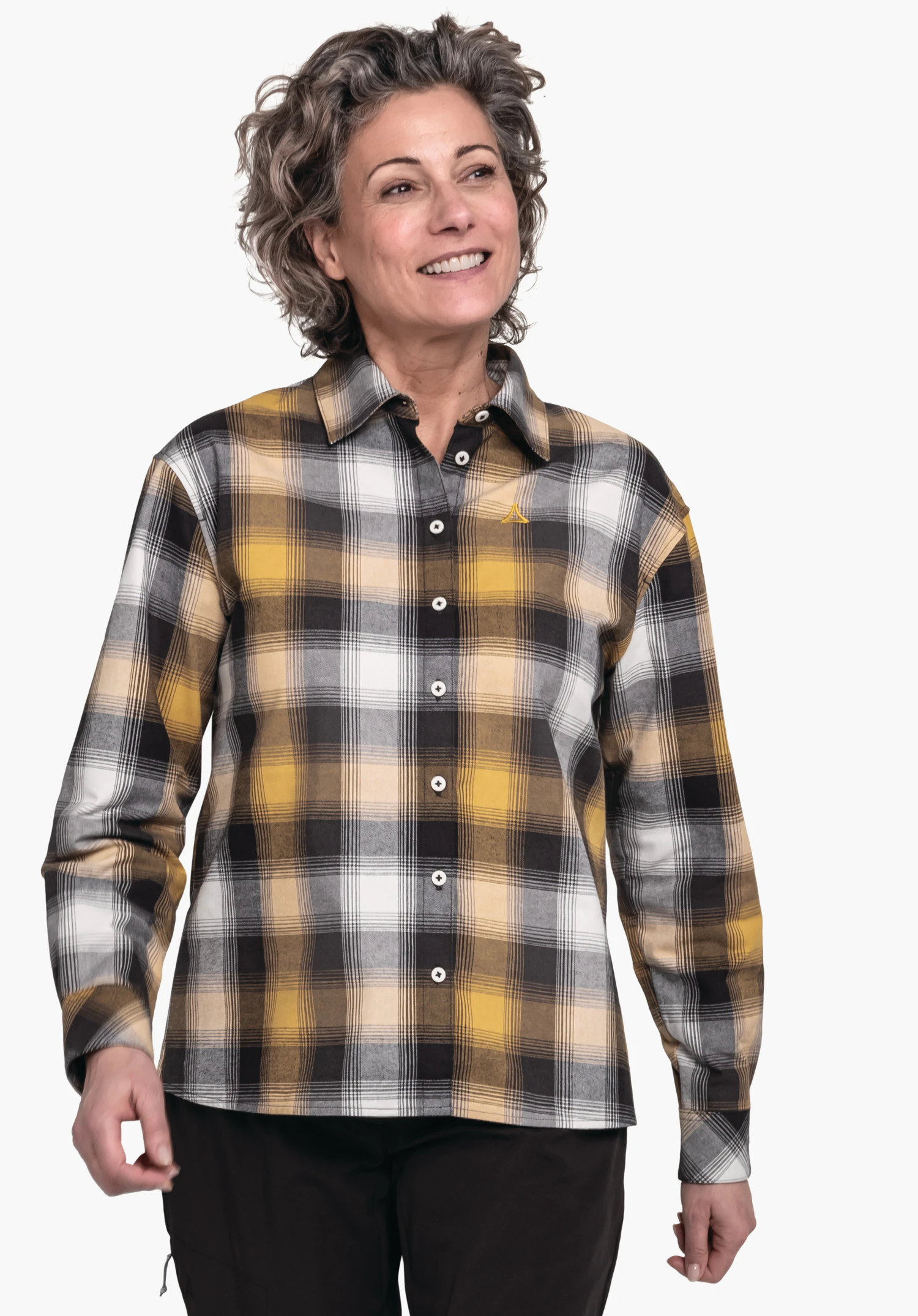 Blouse Style Limedes WMS checked shirt in dark yellow, black and white; worn by a woman standing against a neutral background; yellow Schöffel logo on the left chest.
