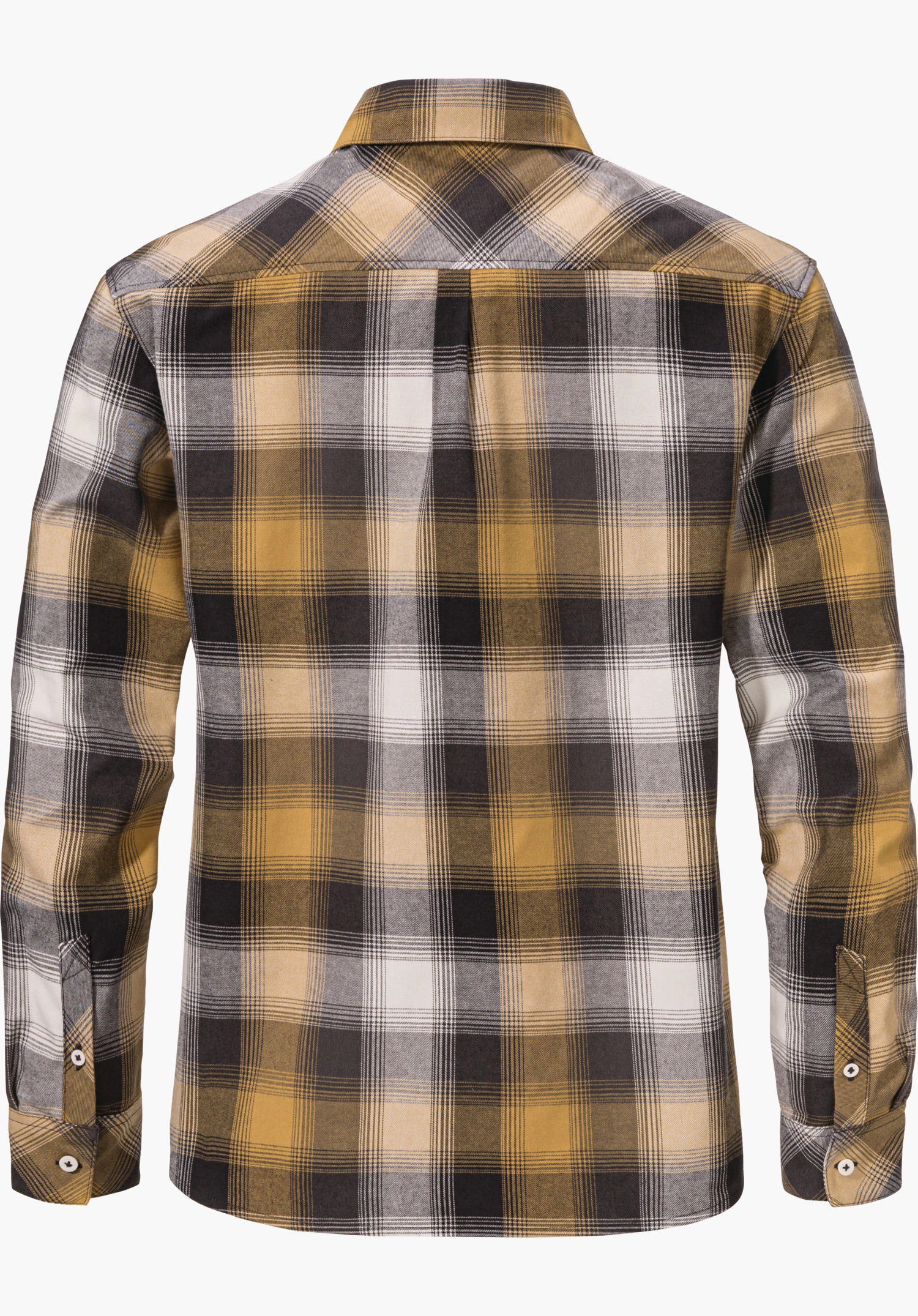 Blouse Style Limedes WMS Geruite blouse, achteraanzicht; staande pasvorm en lange mouwen; patroon in geel, donkergrijs, lichtgrijs en wit; kraag en manchetten zichtbaar; witte achtergrond.